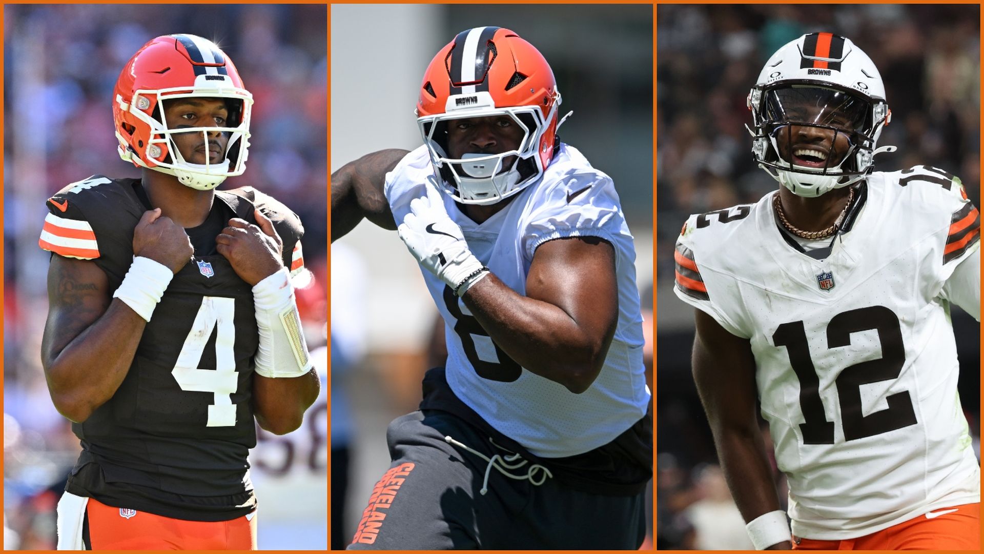 Collage of Cleveland Browns players: left in black jersey with orange helmet (number 4), center in white jersey and orange helmet rushing, right in white jersey (number 12) smiling.