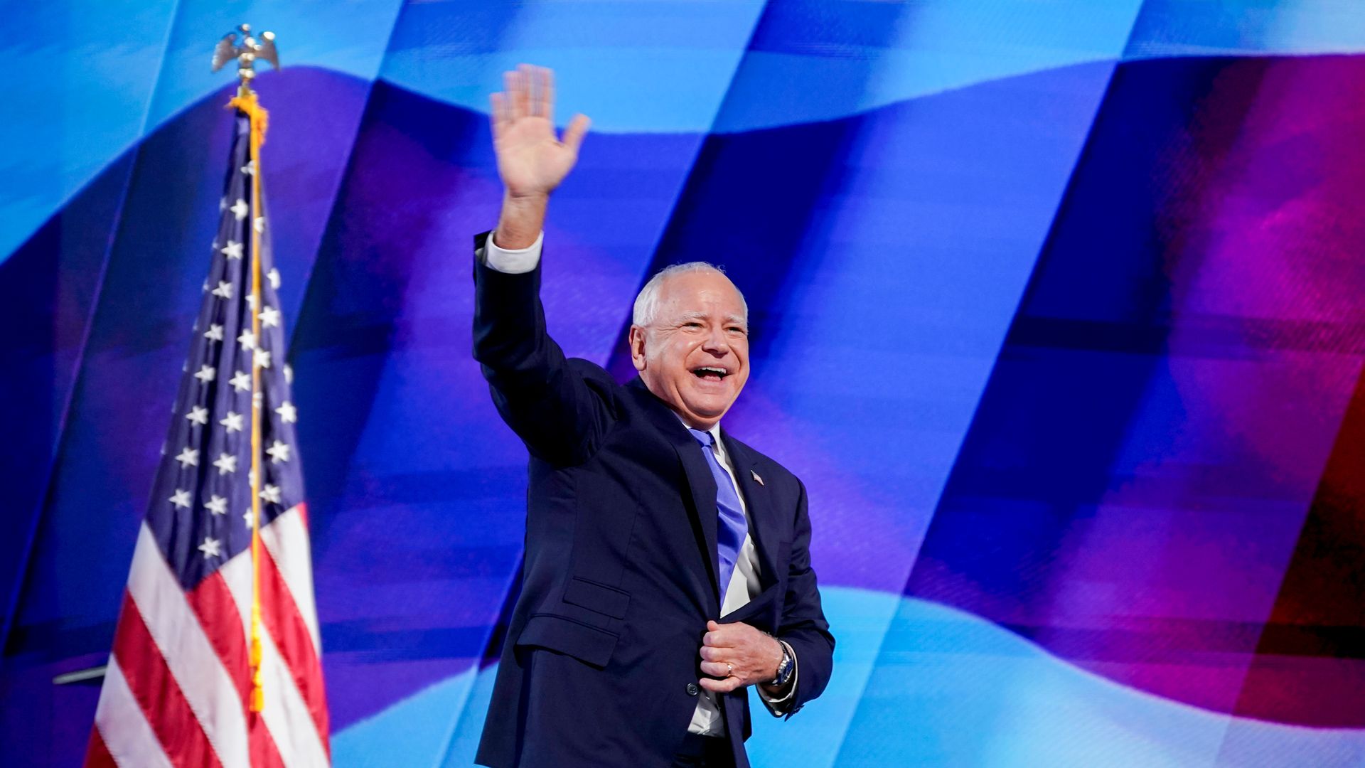 Tim Walz, governor of Minnesota and Democratic vice-presidential nominee, arrives to speak during the Democratic National Convention (DNC) at the United Center in Chicago, Illinois, US, on Wednesday, Aug. 21, 2024.