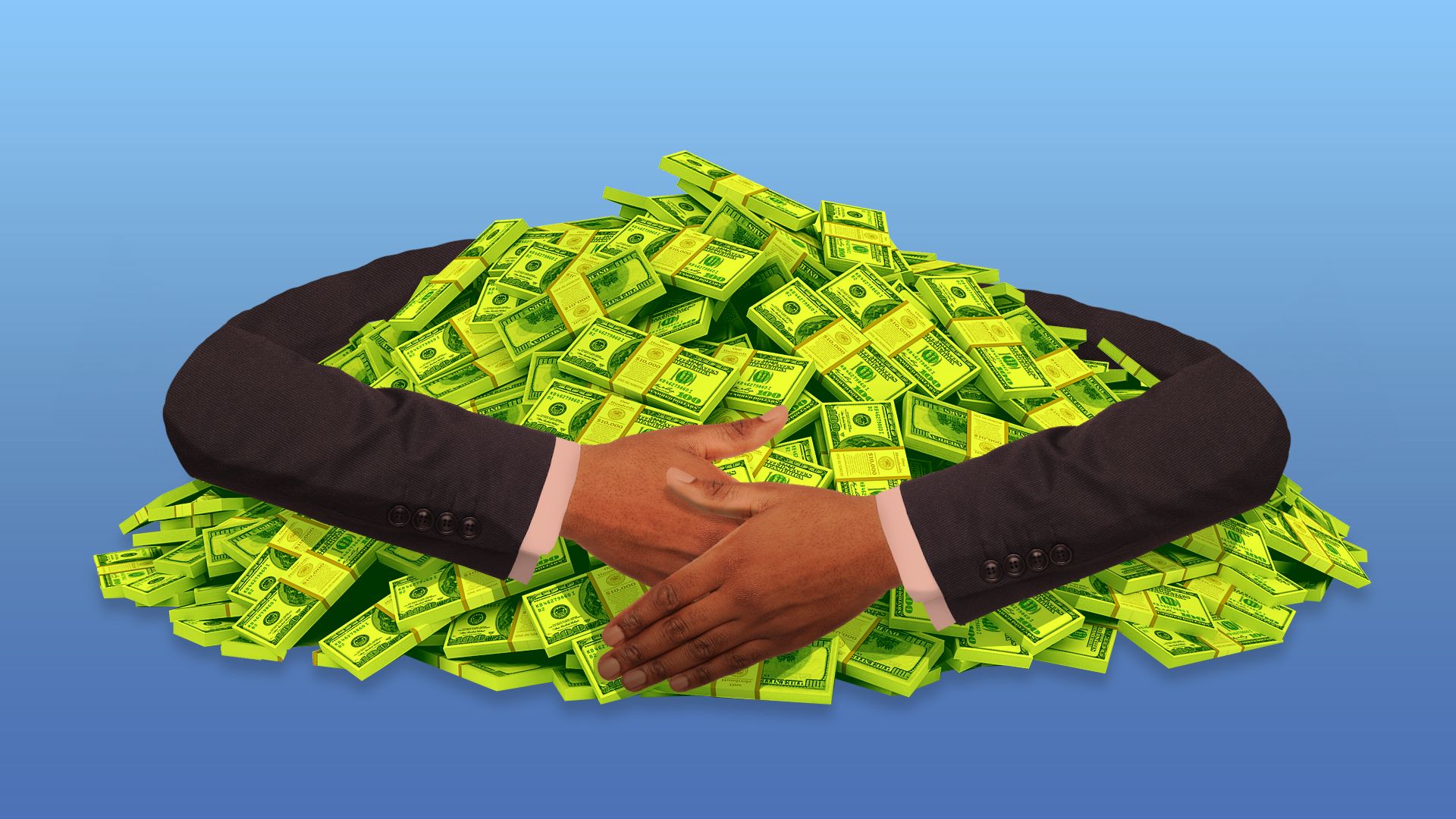 Illustration of arms wrapped around giant pile of money.