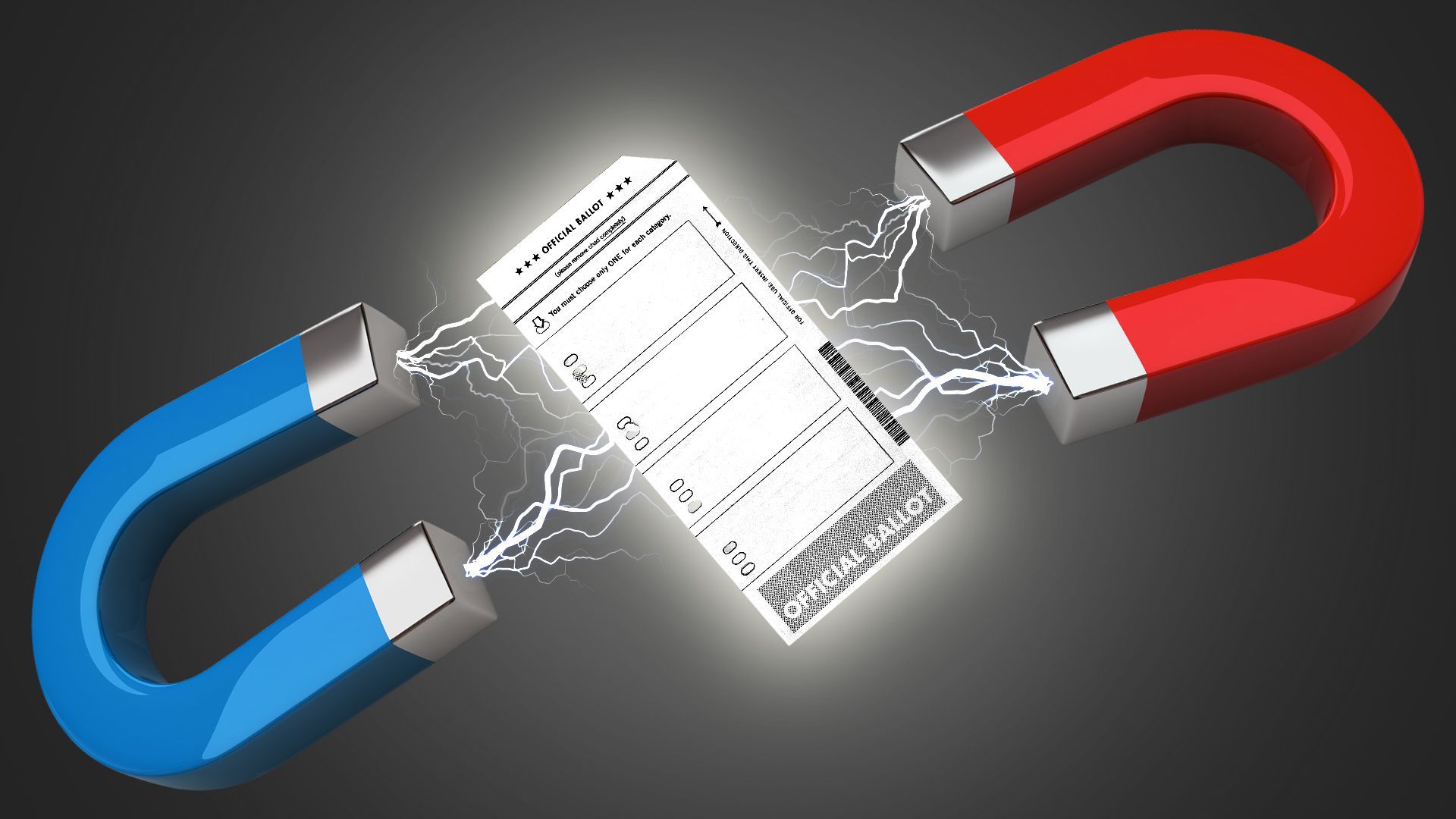 Illustration of a ballot being pulled by a red magnet in one direction and a blue magnet in the other direction. 