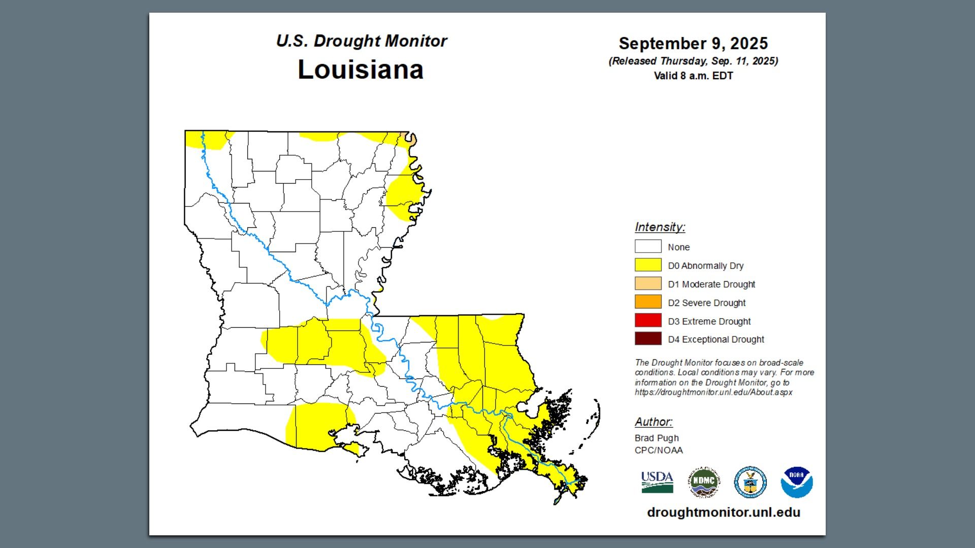 U.S. Drought Monitor map of Louisiana dated September 9, 2025, showing areas with D0 Abnormally Dry in yellow scattered across the state, no higher drought levels.