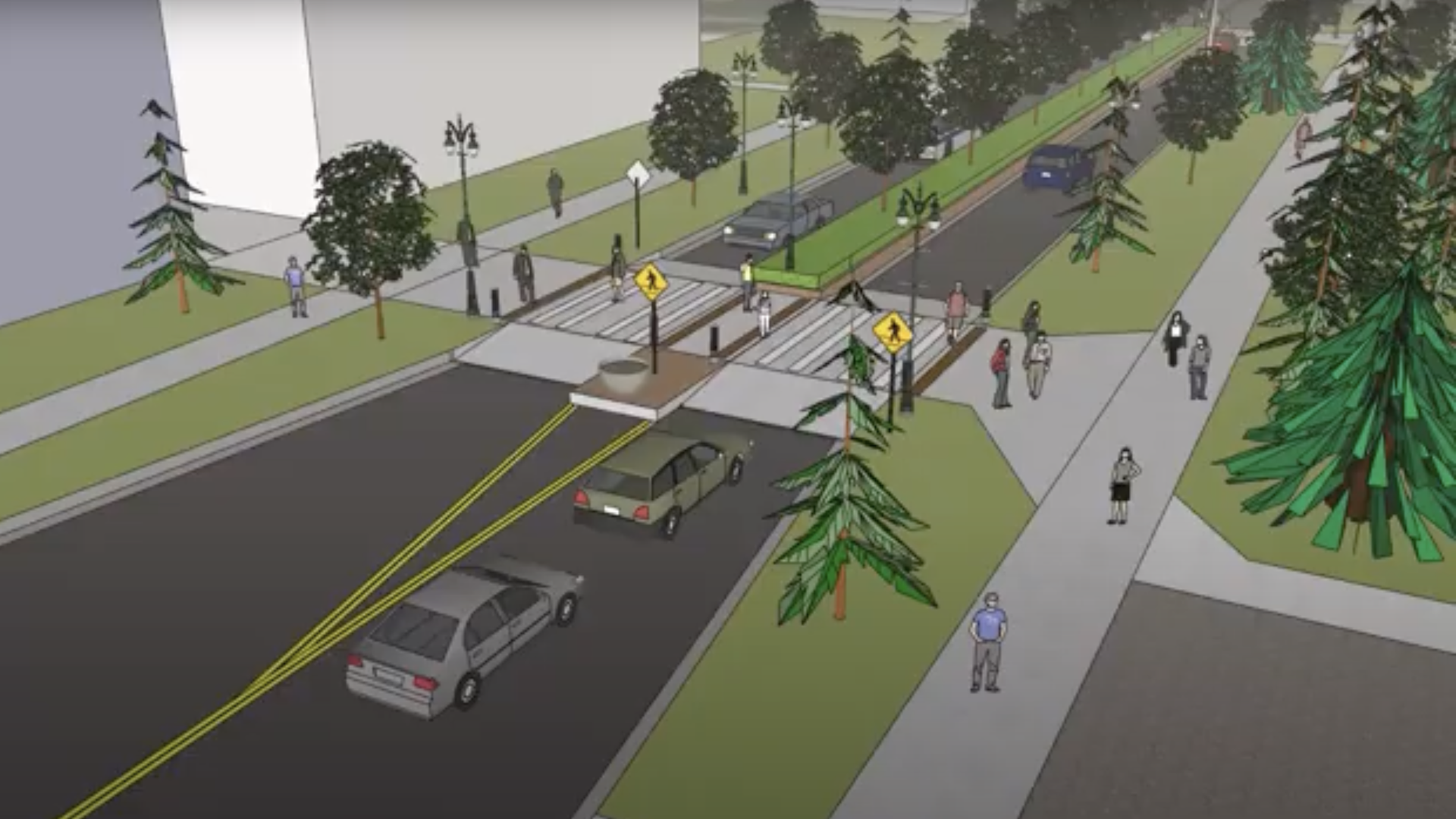A construction rendering of a street with green trees, cars, and a raised pedestrian crosswalk in the center.