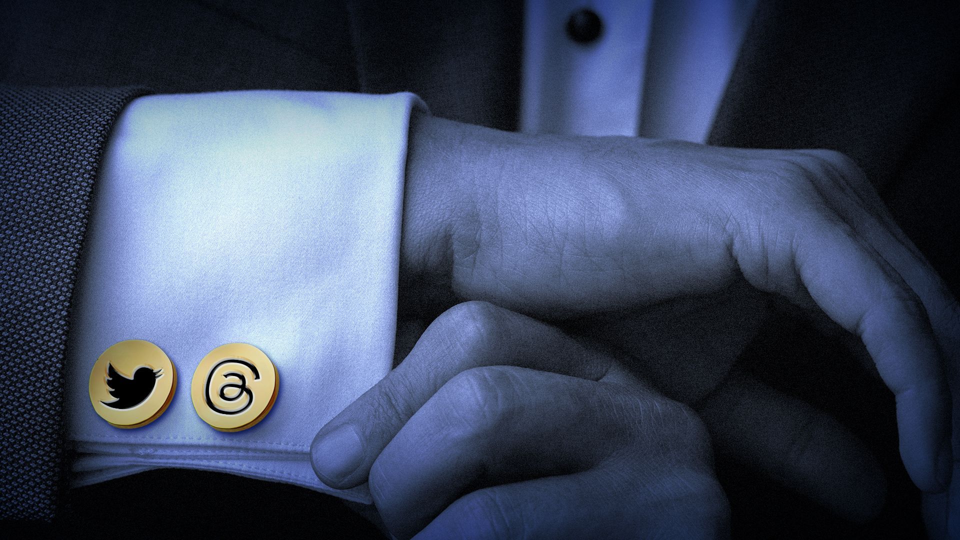 Illustration of a man showing off two cuff links on one sleeve, one with the Twitter logo and the other with the Threads logo.