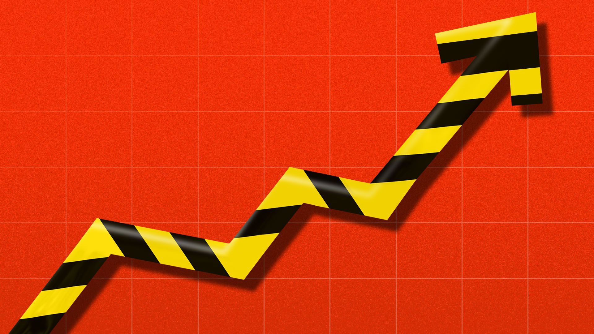 Illustration of caution tape as an upward trending chart