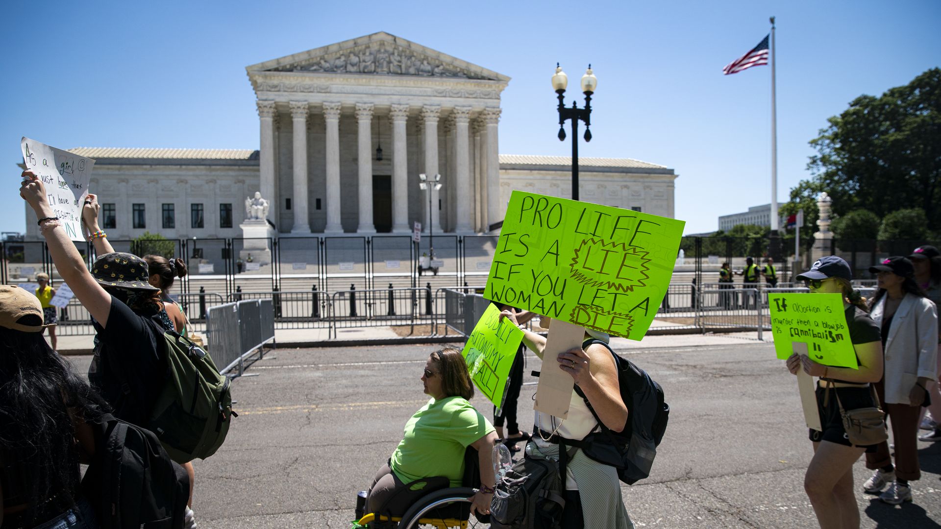 Picture of the Supreme Court building with abortion rights protesters walking in front of it