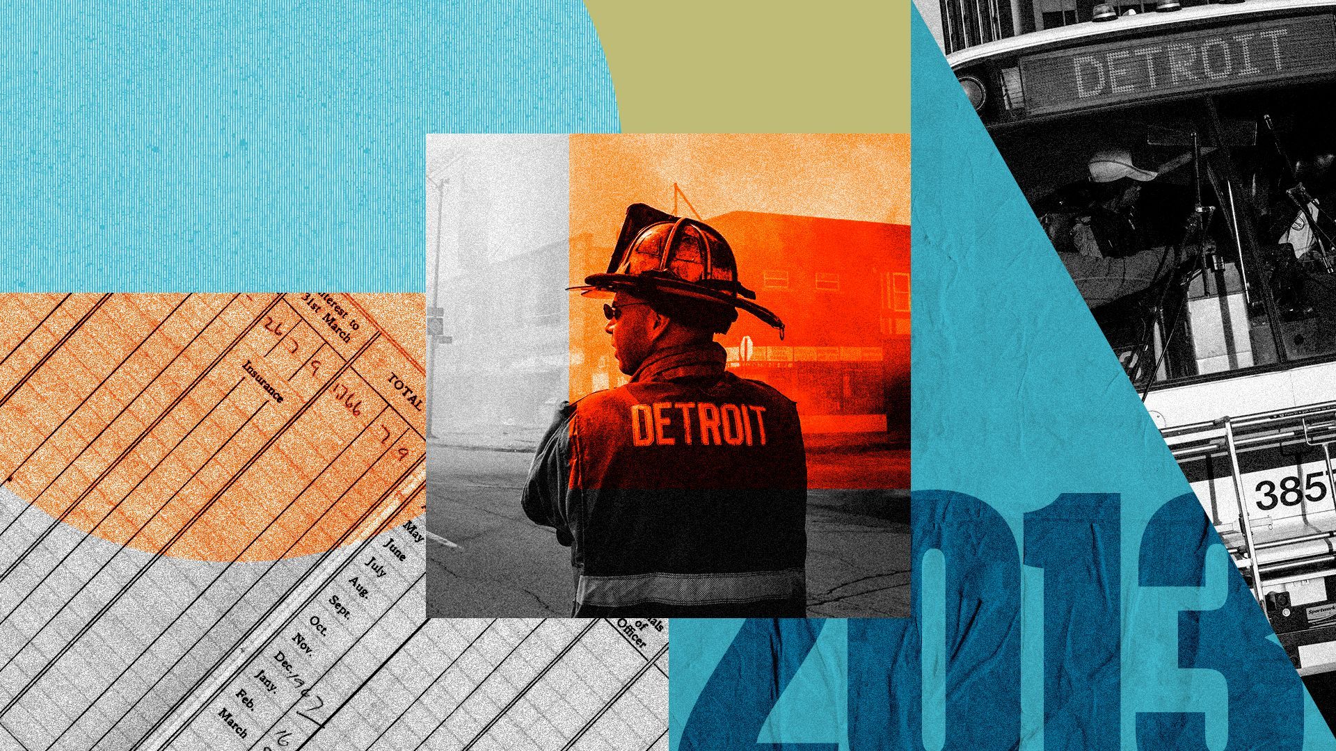 Photo illustration of the back of a Detroit firefighter with a ledger, a Detroit bus, and "2013" within geometric shapes.