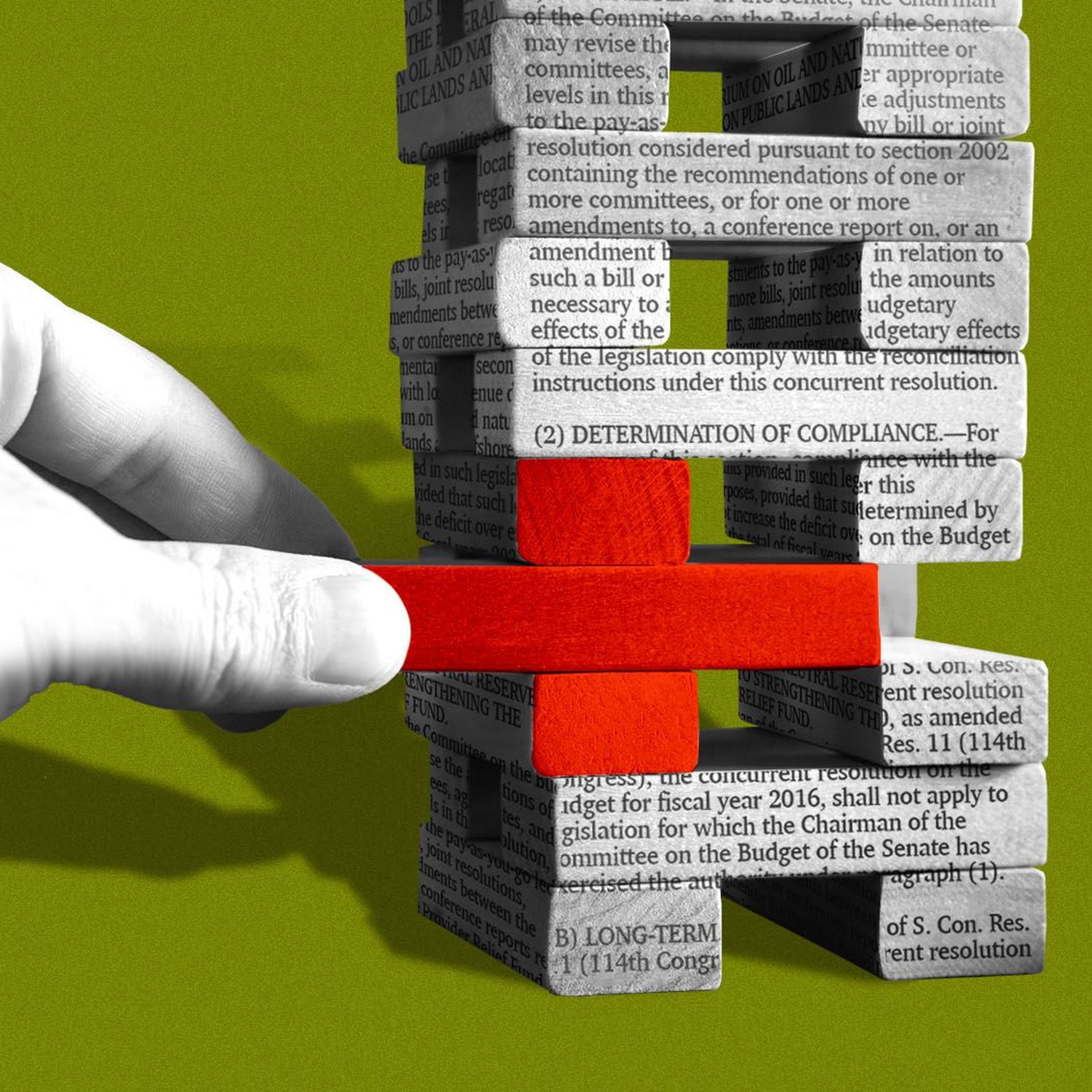 Illustration of a jenga stack with a Congressional bill on it, with a hand removing a red cross shaped piece