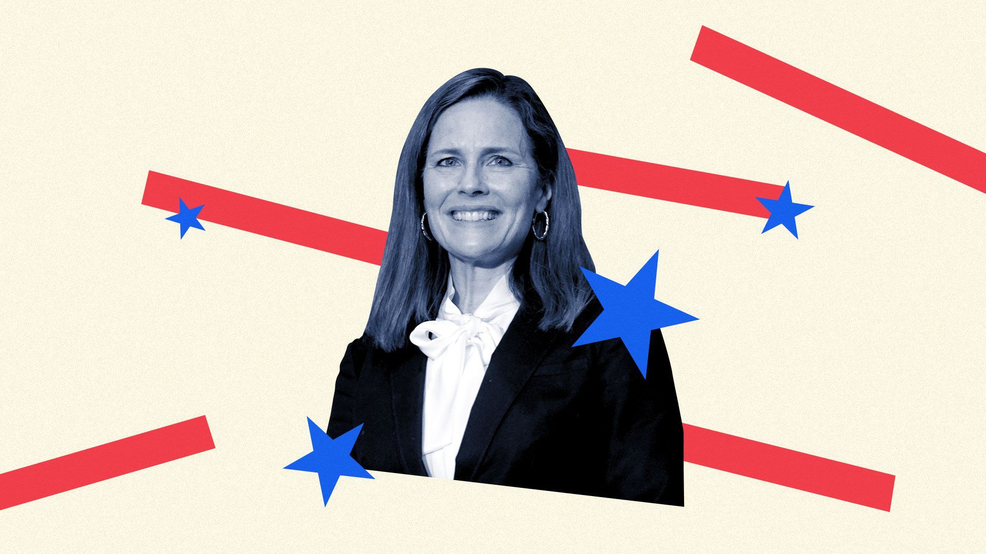 Photo illustration of Amy Coney Barrett with stars and stripes