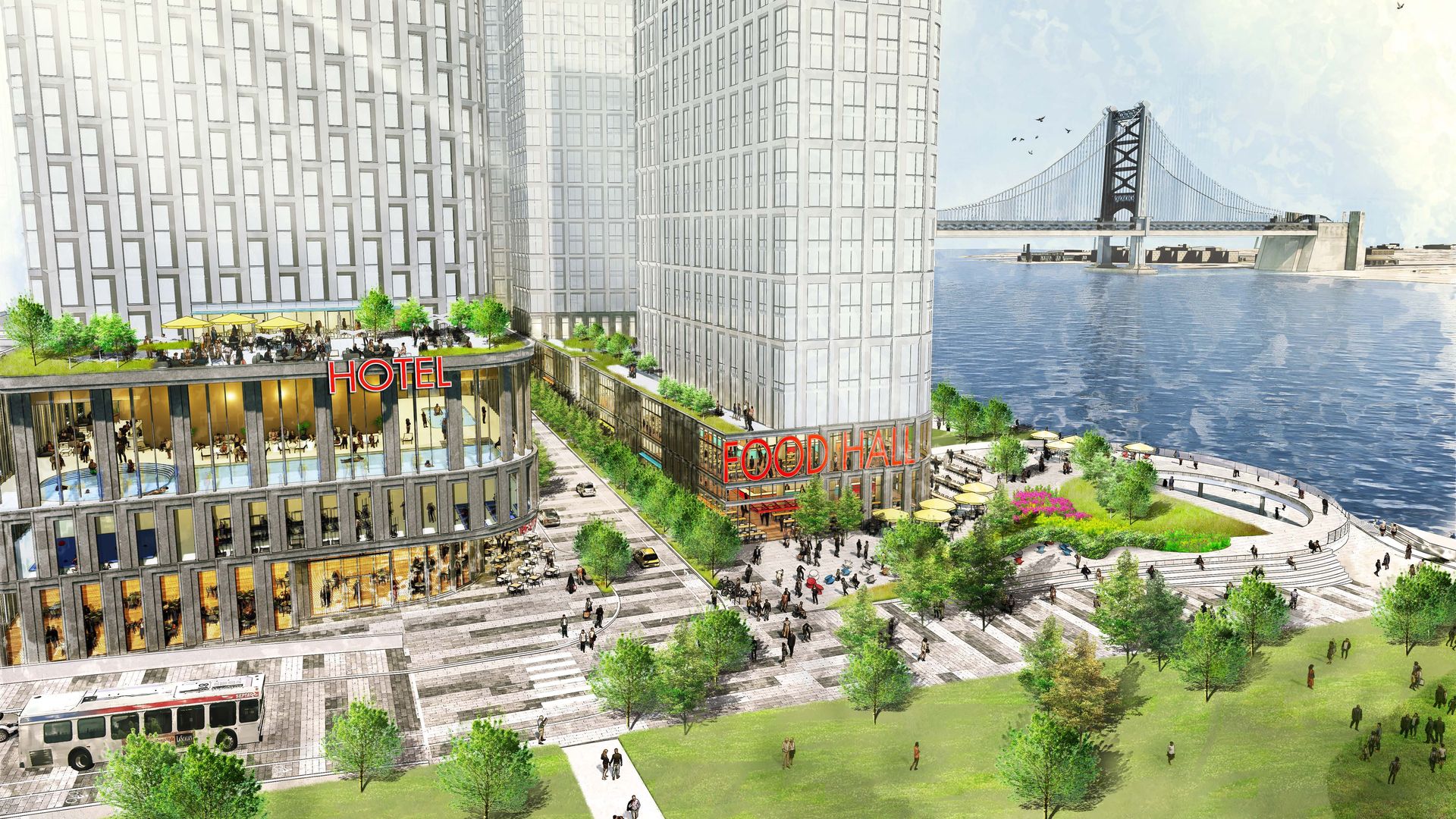 A rendering of a development along the Delaware River waterfront