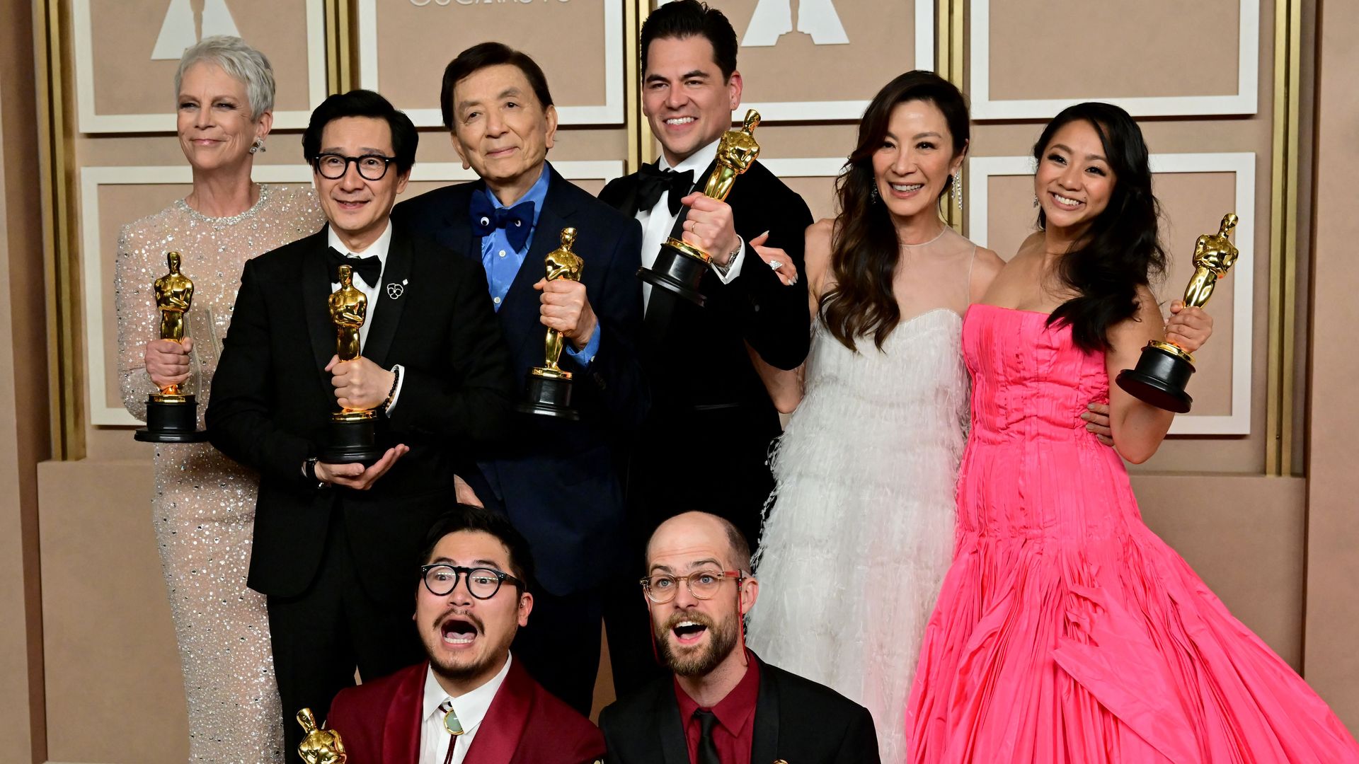 The cast of "Everything Everywhere All At Once" with their Oscars in Hollywood on Sunday night.