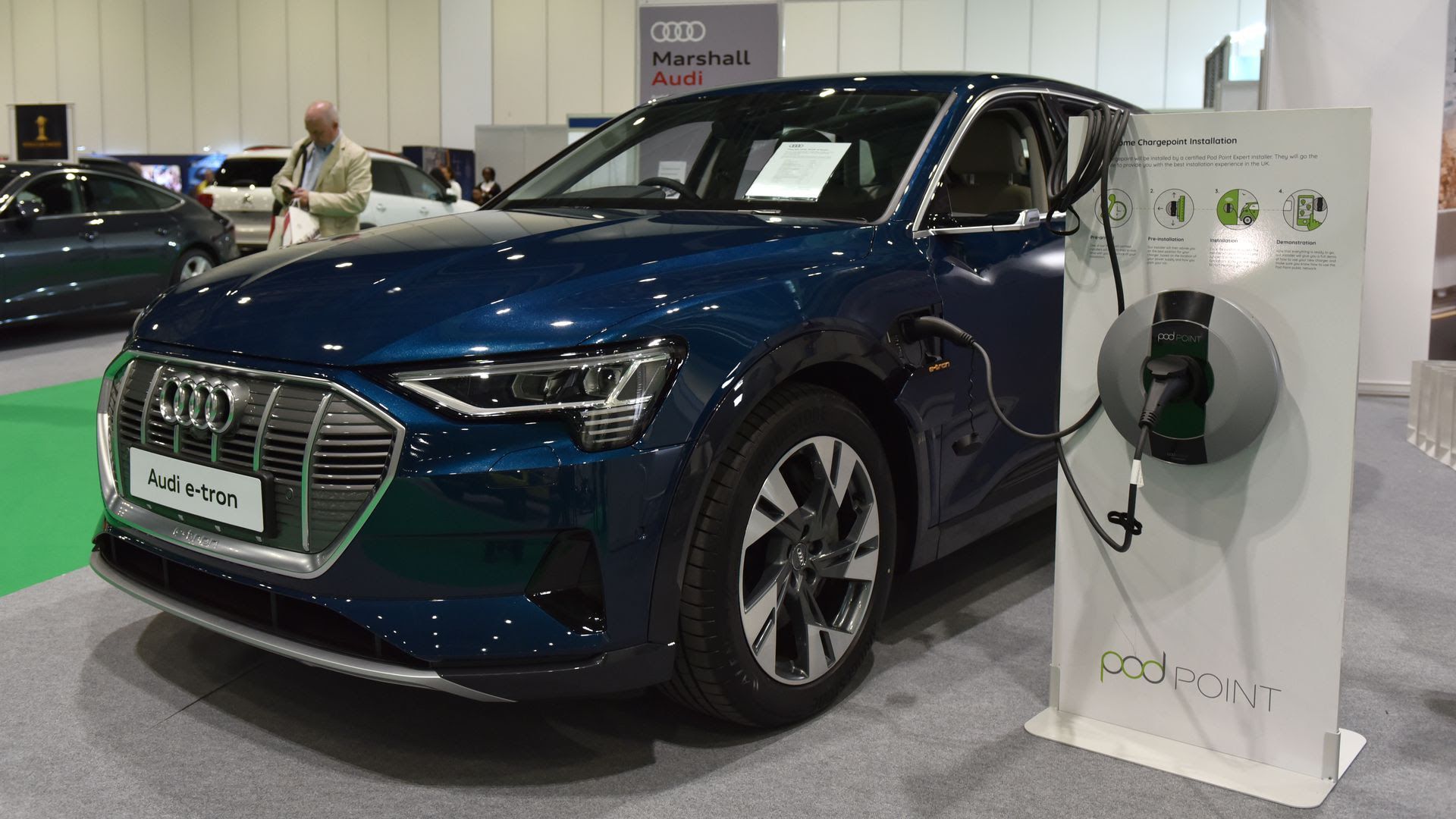 An Audi E-Tron electric SUV is displayed during the May London Motor and Tech Show. Photo: John Keeble/Getty Images