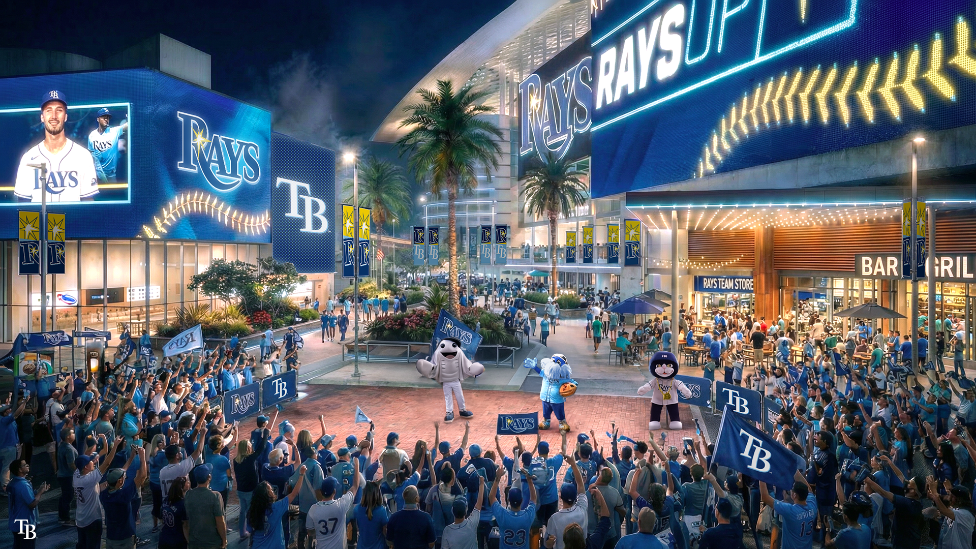 Crowd of fans in blue and white at Tampa Bay Rays stadium plaza at night, with team mascots, flags, and large screens displaying Rays logos and players.