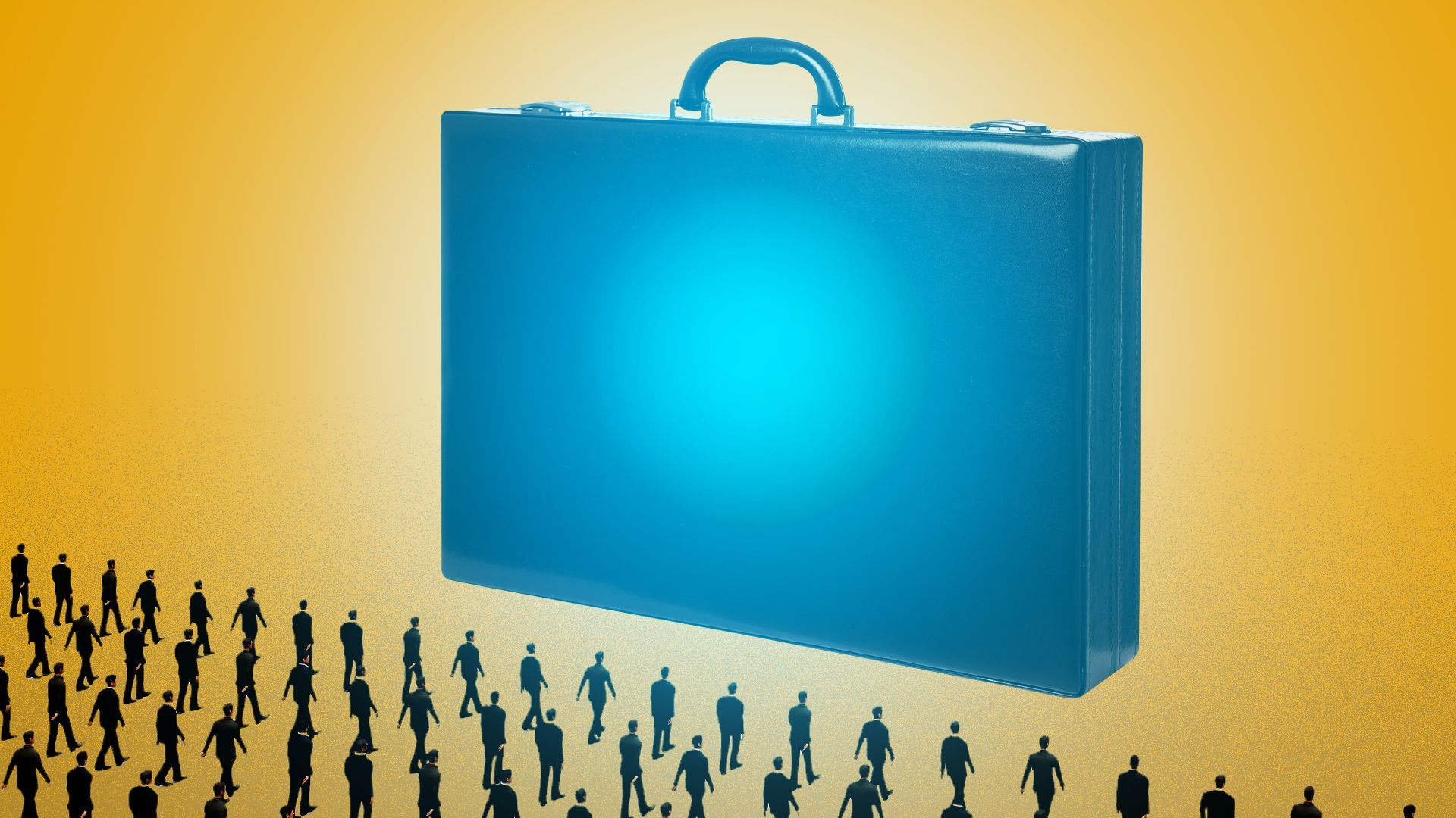 Illustration of a crowd of workers marching towards a glowing briefcase. 
