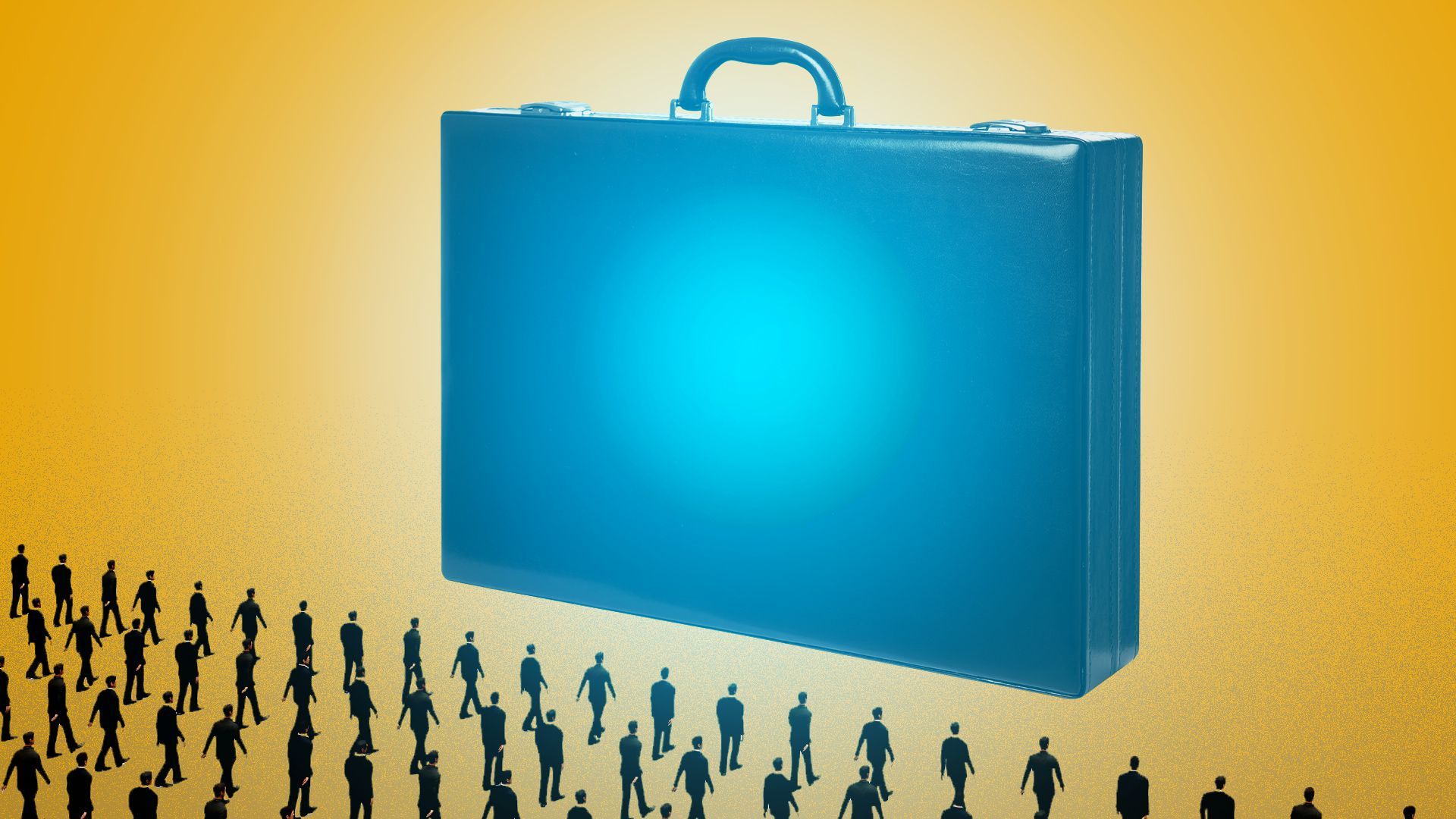 Illustration of a crowd of workers marching towards a glowing briefcase.