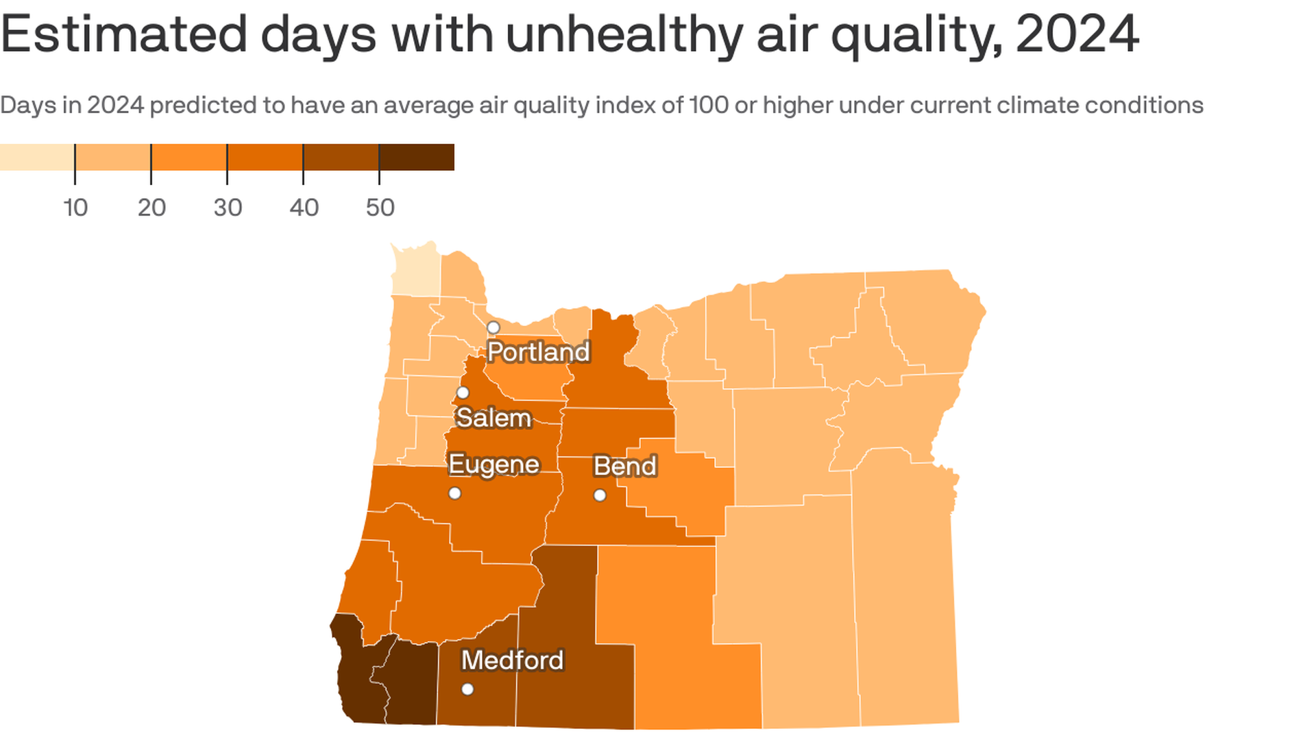 A visual graphic showing air quality data projections across Oregon by 2024