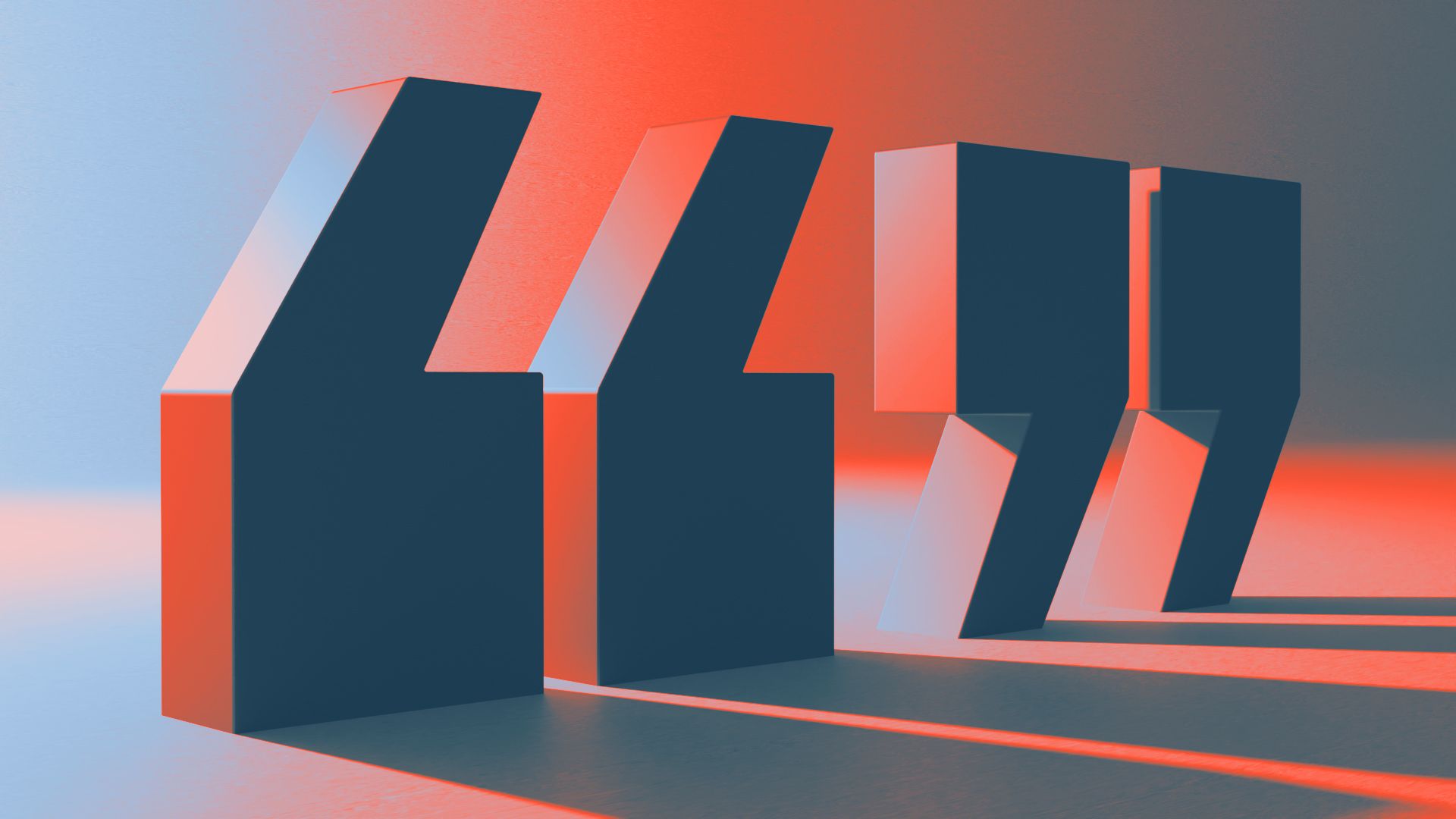 Illustration of a pair of 3D quotation marks, lit from behind by colorful lights and casting a long shadow. 