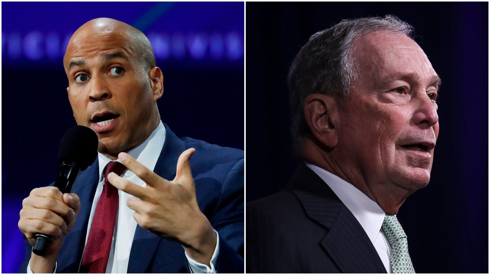 This image is a split screen between Cory Booker and Michael Bloomberg.