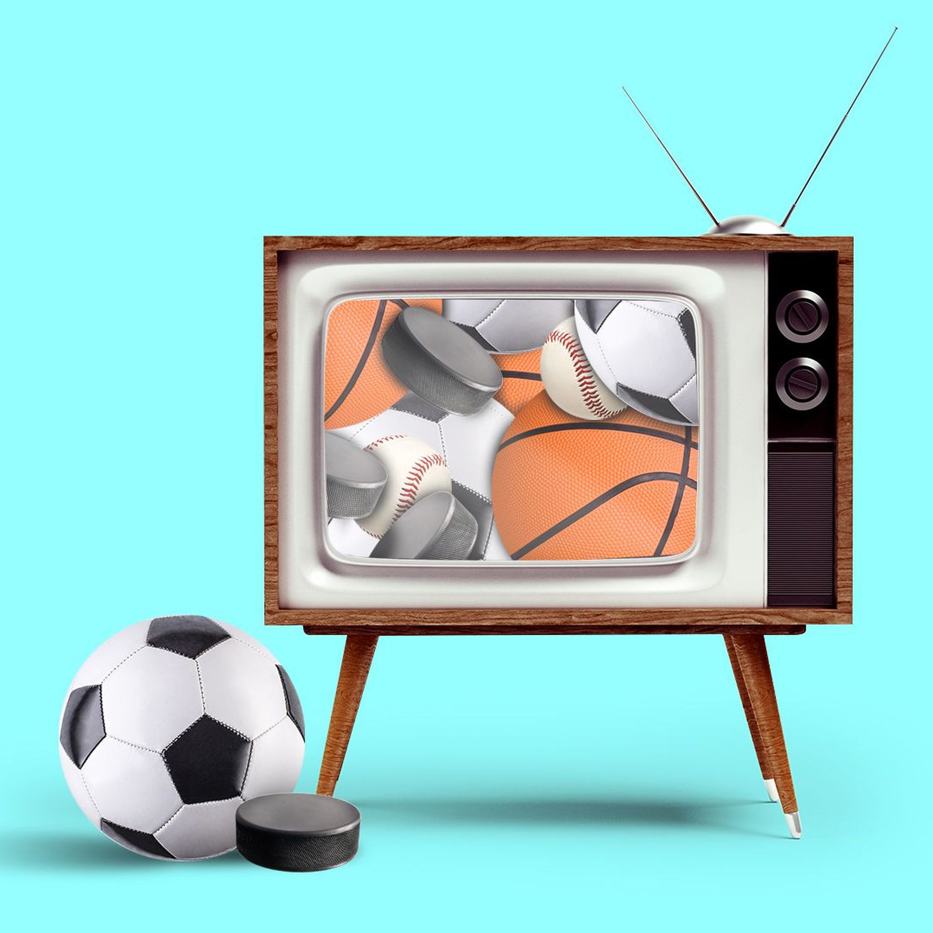 Illustration of a television with baseballs, hockey pucks, soccer balls and basketballs.