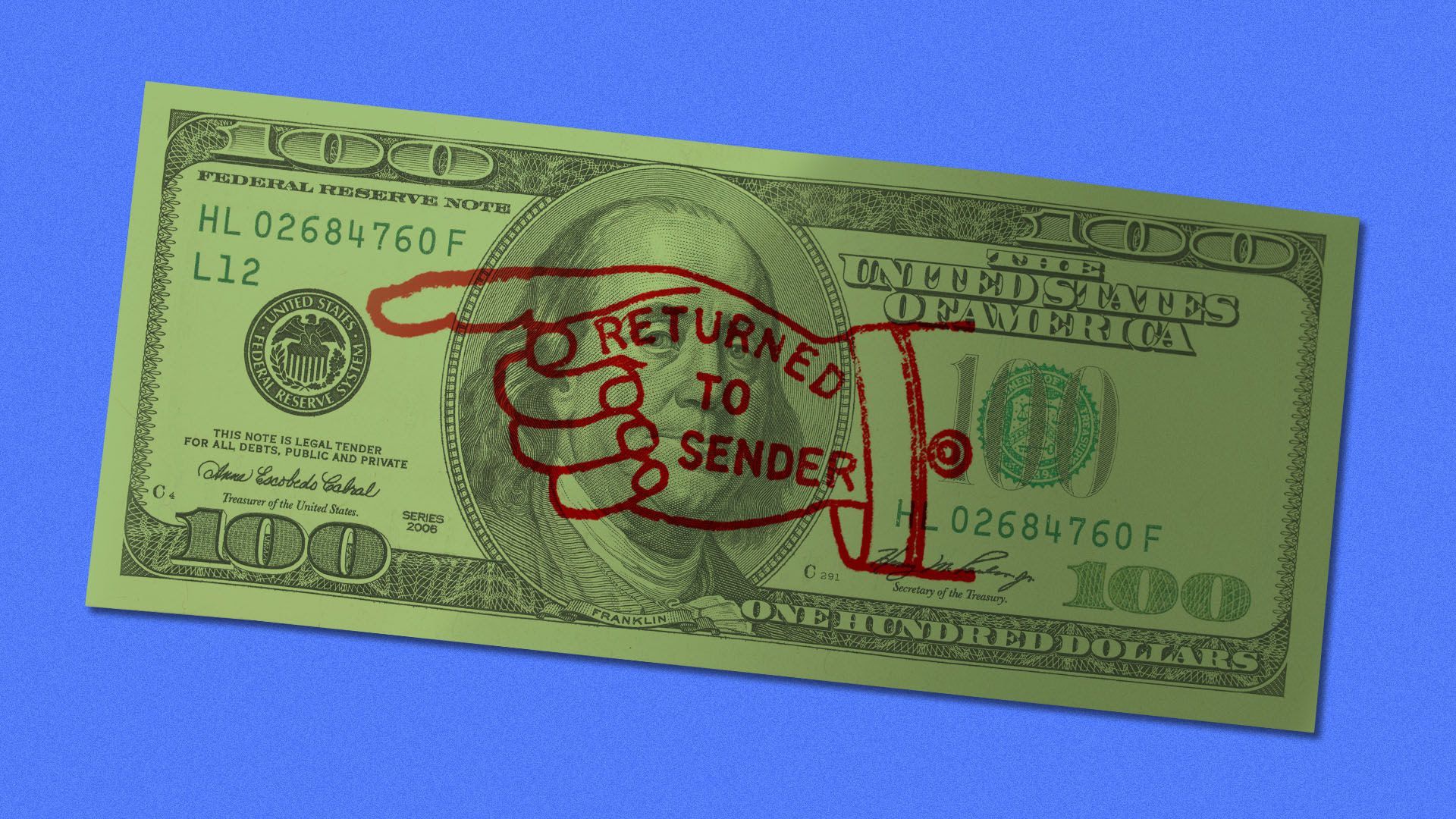 Illustration of a one hundred dollar bill with a returned to sender stamp on it