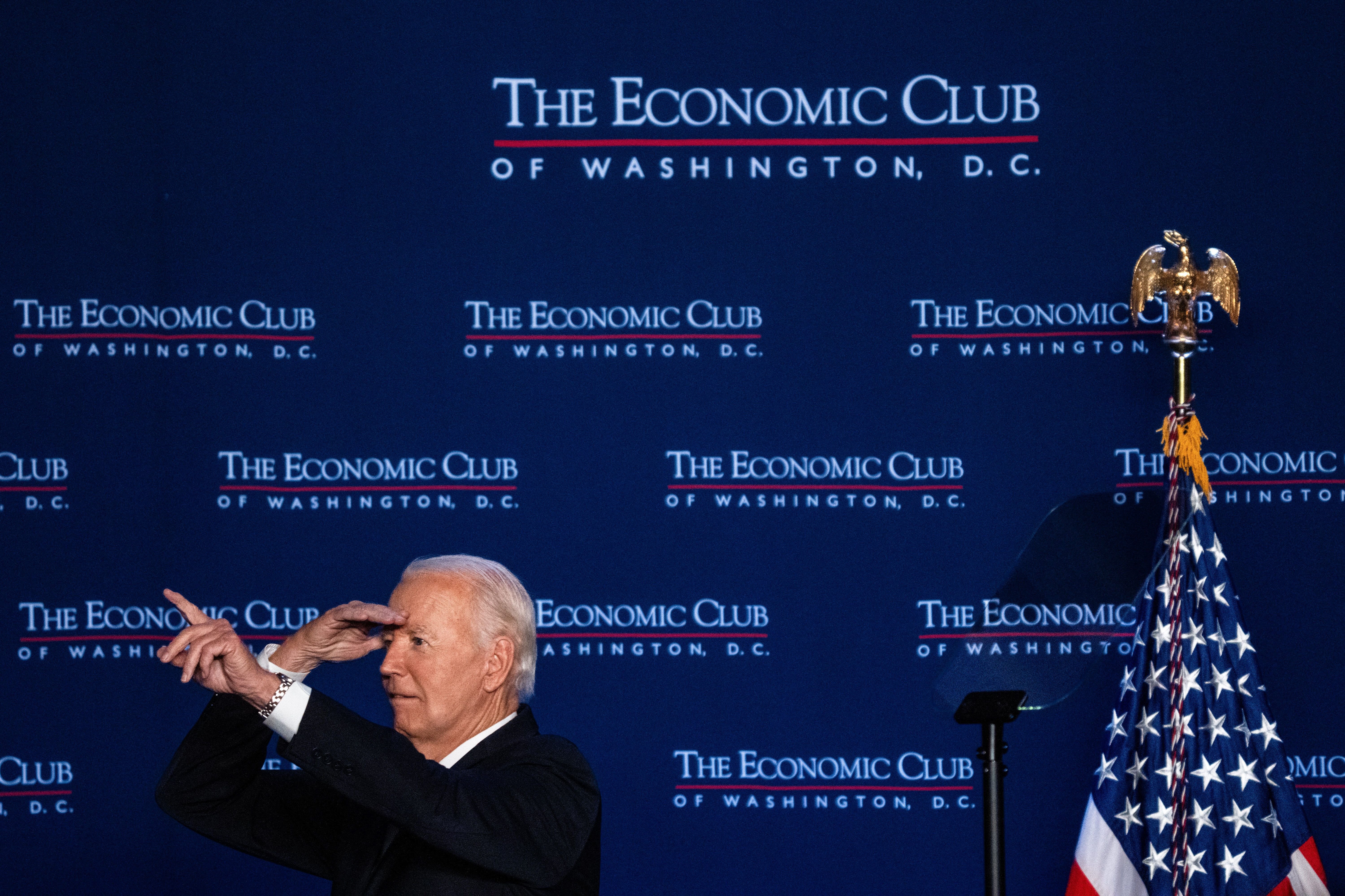President Biden points to the audience after speaking at the Economic Club of Washington yesterday.