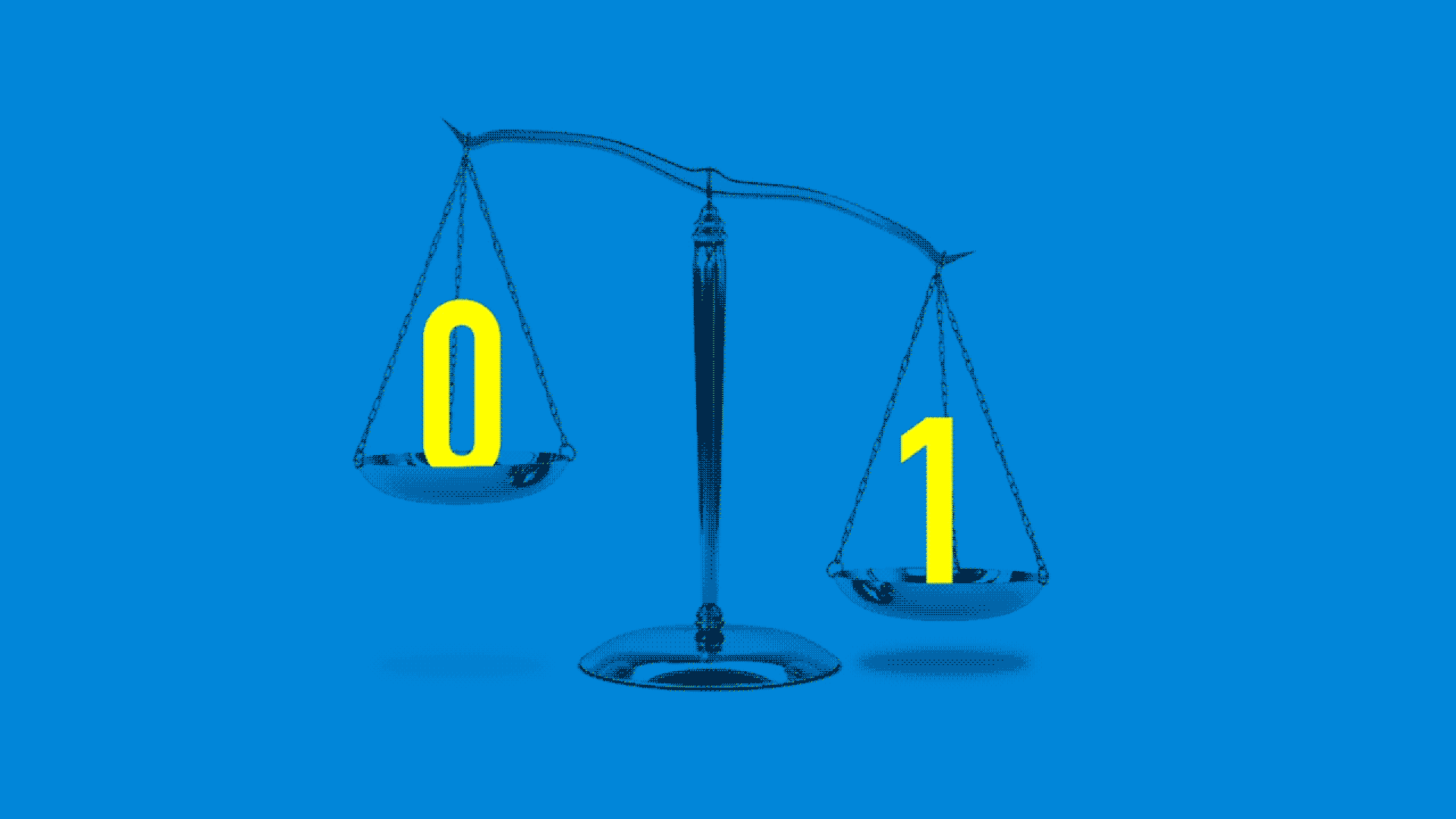 Animated illustration of scale tipping back and forth with 0 and 1 numbers in them