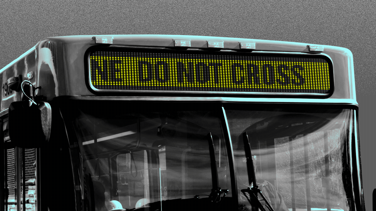Animated photo illustration of a bus with a digital crime scene tape running across the route sign.