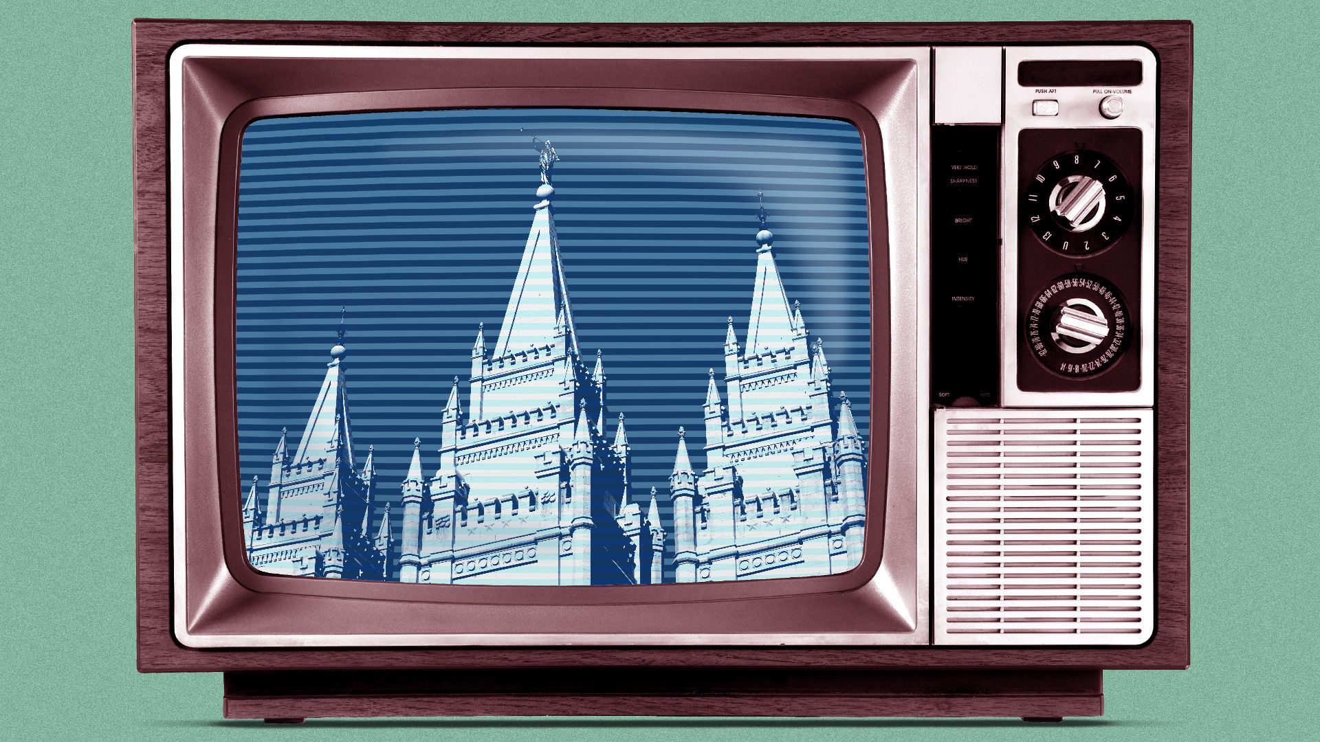 Illustration of a TV with the Salt Lake City Temple on the screen.