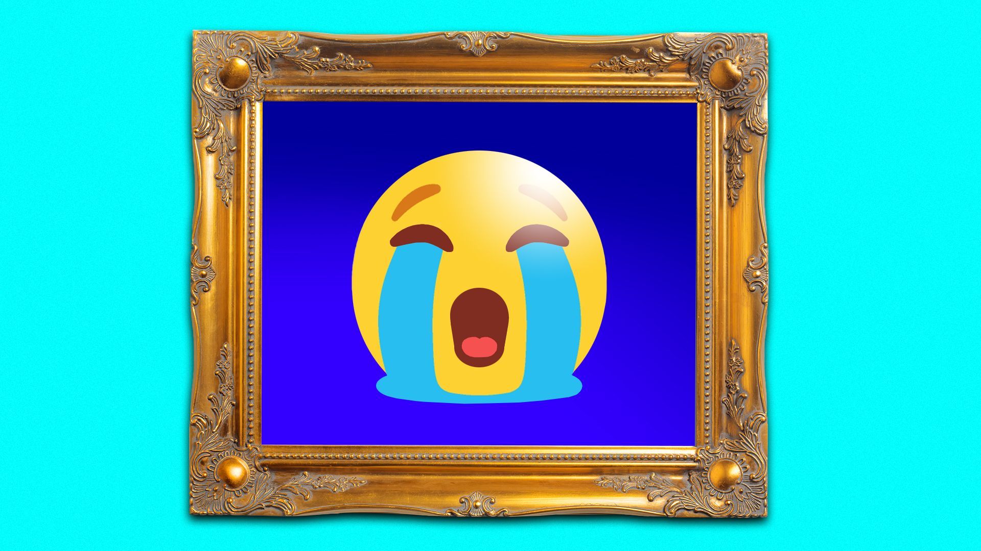 Illustration of a crying emoji painting hung inside an ornate picture frame