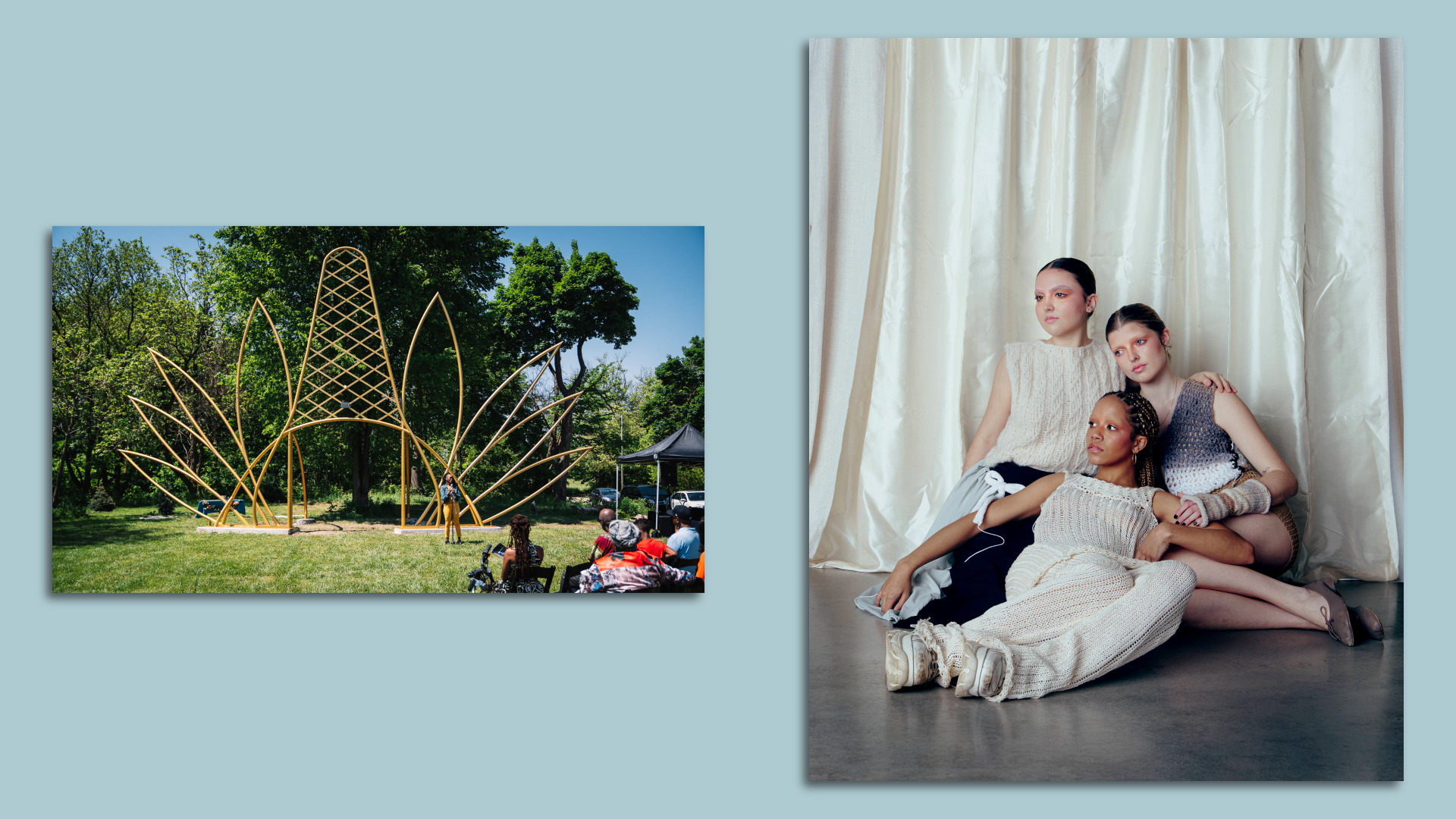 An outdoor sculpture in the photo on the left, and three people wearing knitted clothing on the right.