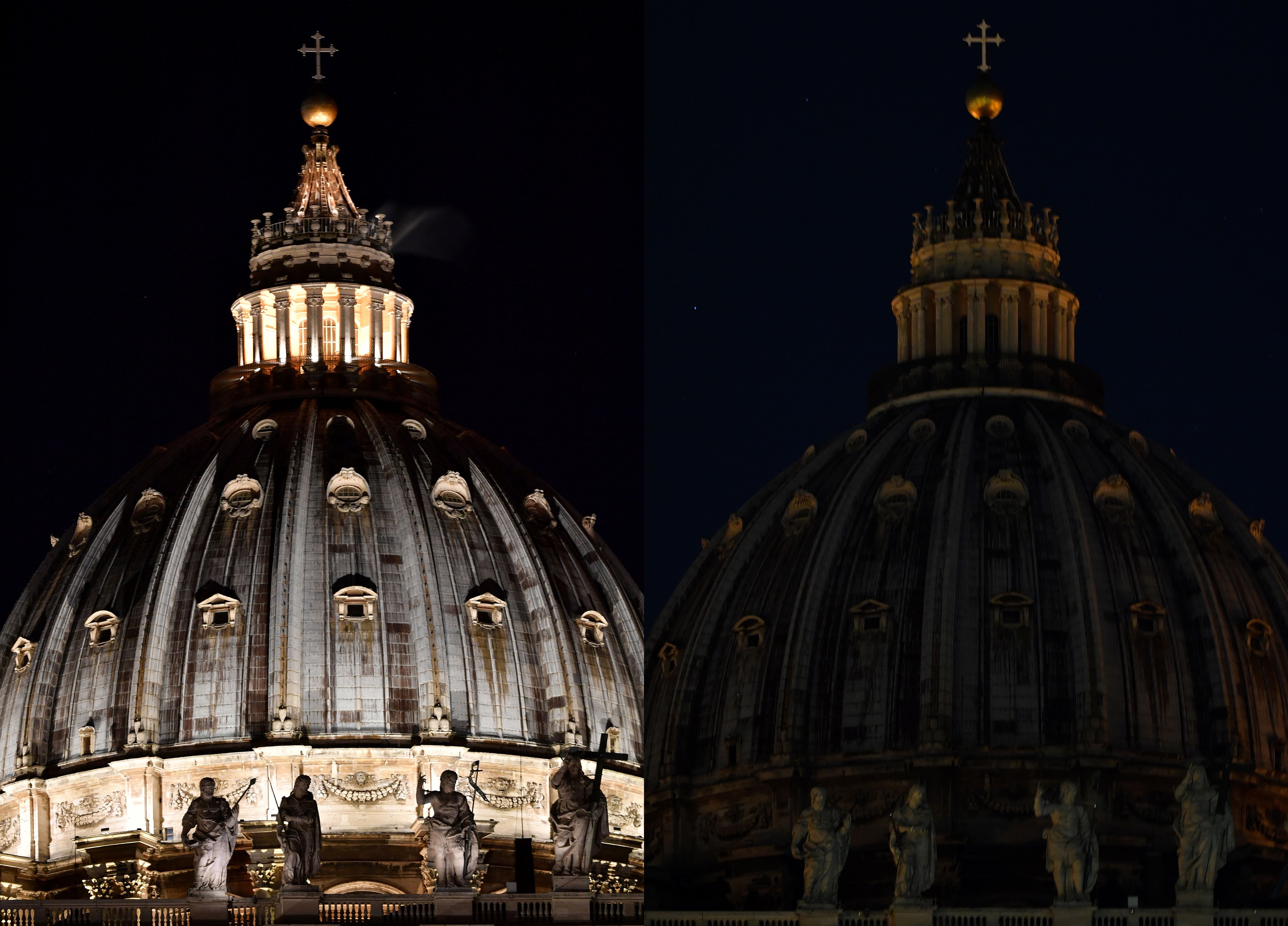 The dome of St. Peter's basilica before and after being plunged into darkness for the Earth Hour environmental campaign in the Vatican.