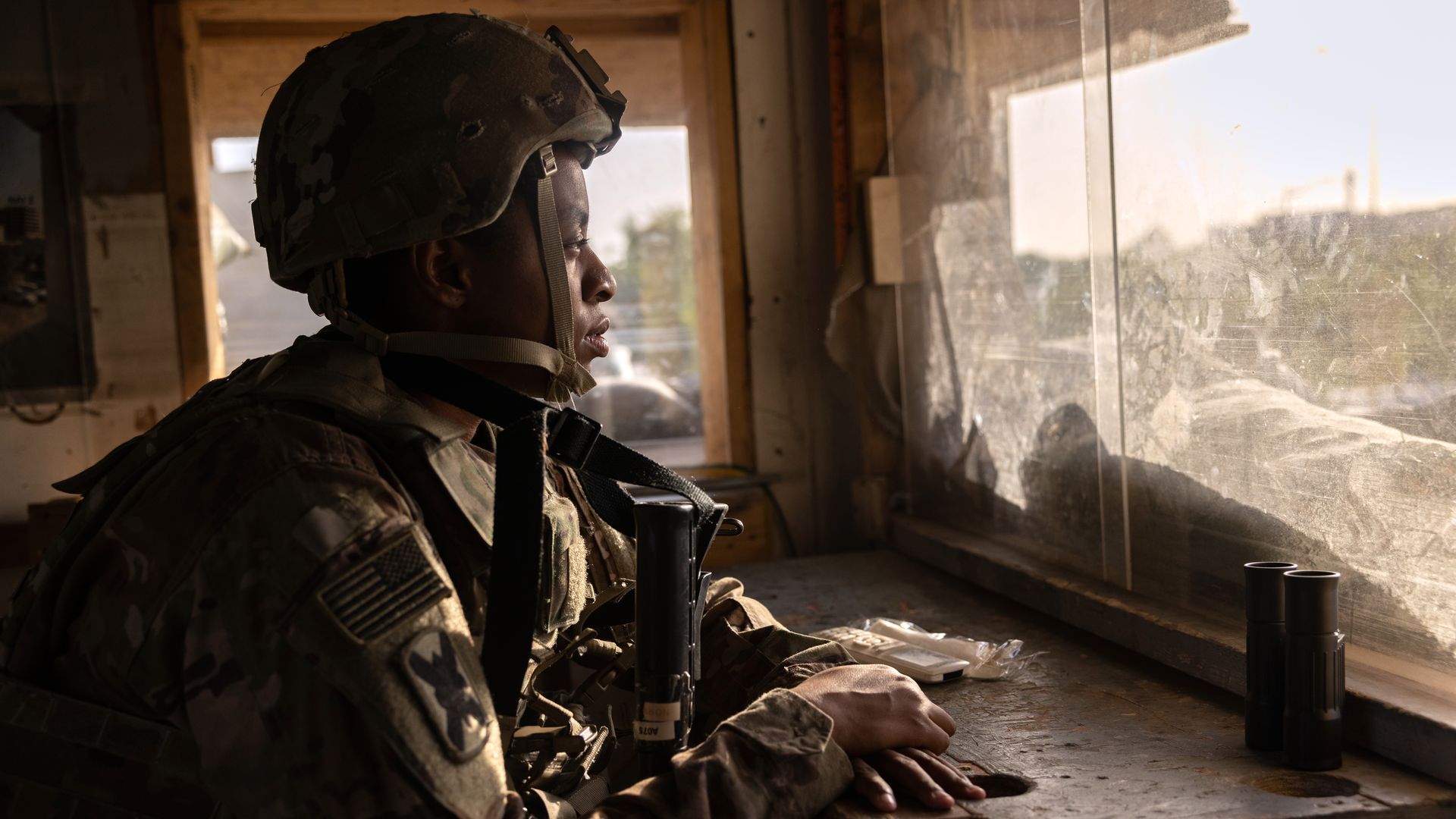 A U.S. Army soldier guardhouse on the perimeter of the International Zone in Baghdad, Iraq, in May 2021.