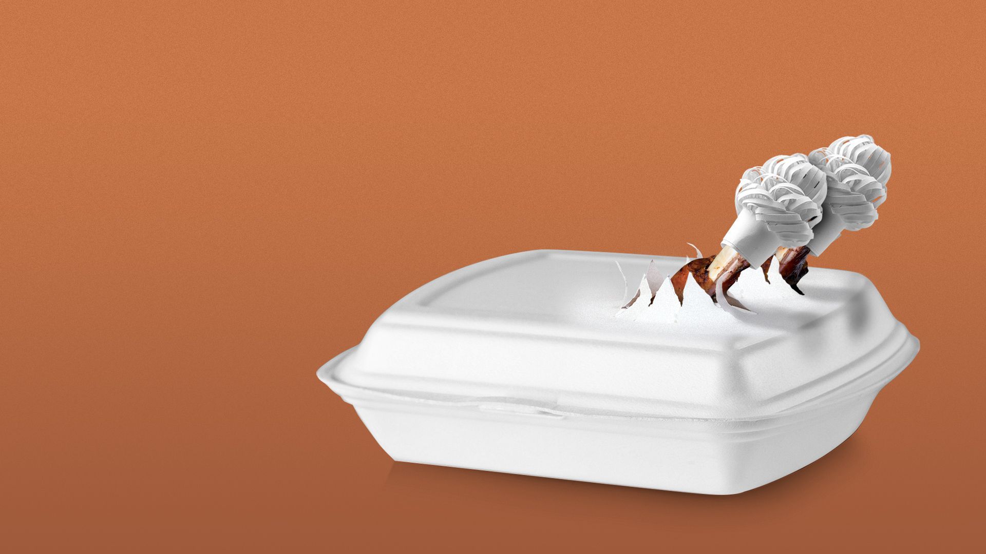 Illustration of turkey legs poking out of a styrofoam takeout box.