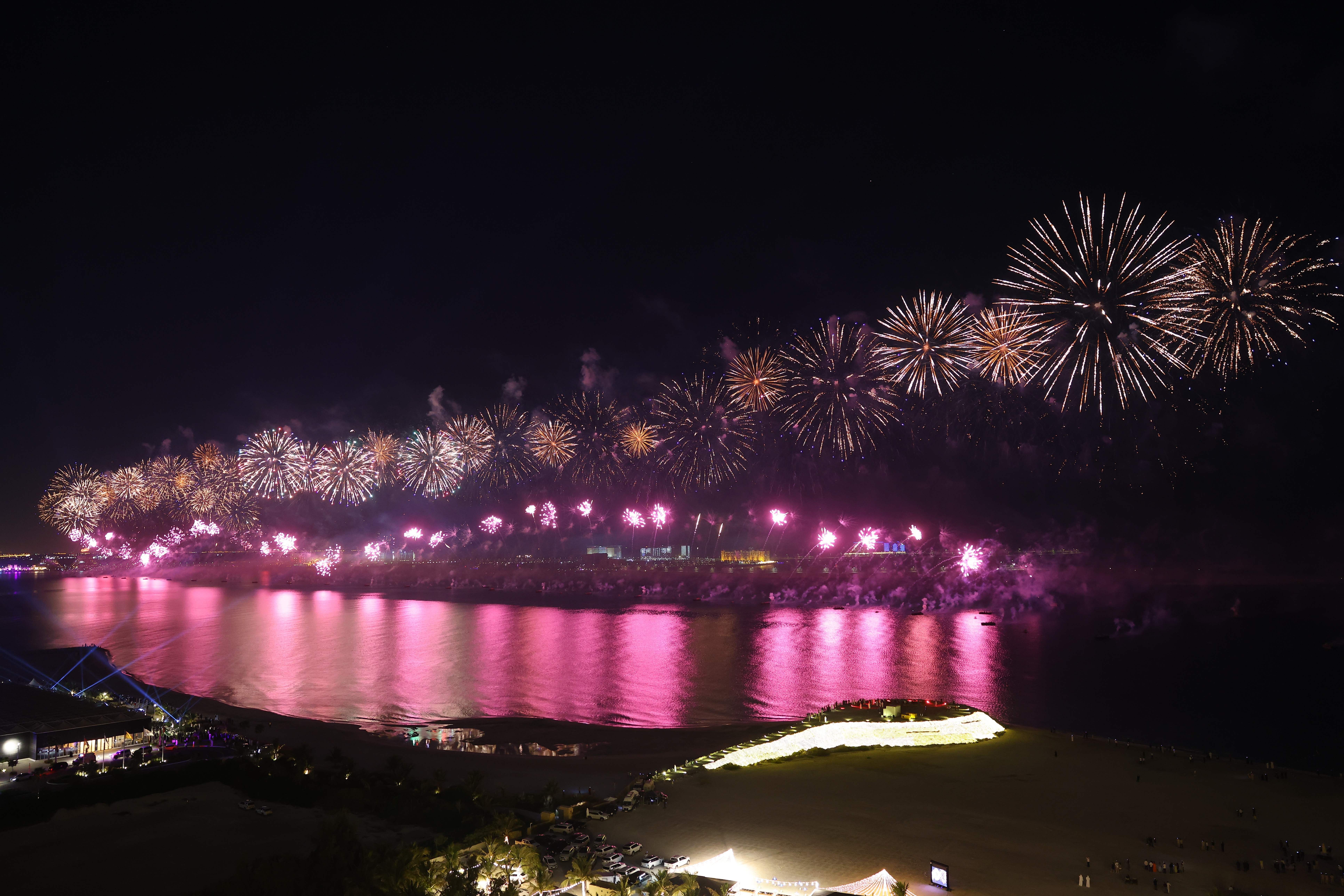 New Year's Eve fireworks erupt over Ras al-Khaimah, one of the world's largest fireworks shows on January 1, 2021. 
