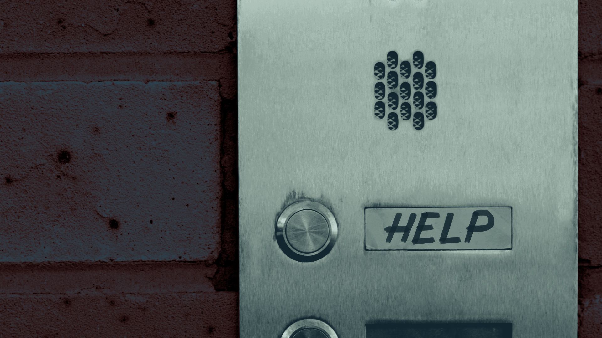 Illustration of an apartment building intercom with the word HELP in the name slot.
