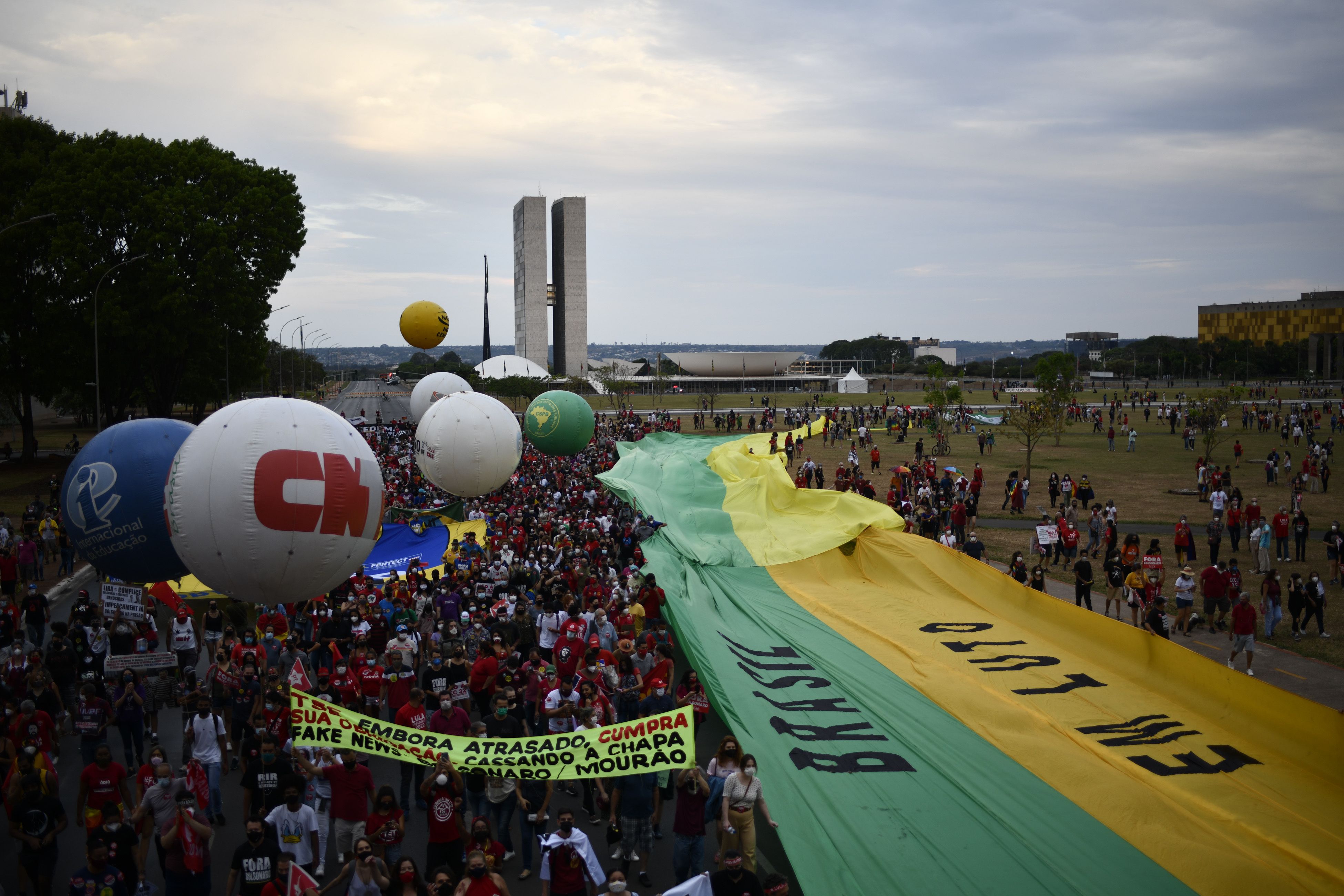 Demonstrators take part in a protest against President Jair Bolsonaro's government, in Brasilia, Brazil, Oct. 2. 