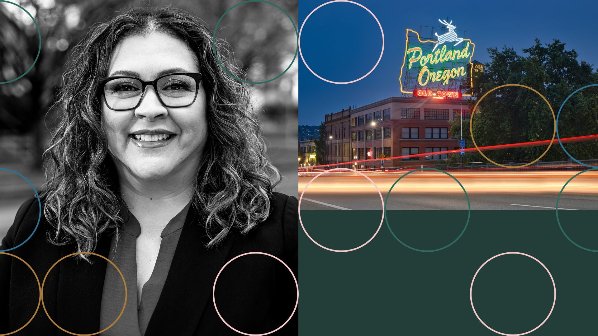 Photo illustration of Carmen Rubio surrounded by abstract shapes and the Portland, Oregon sign.