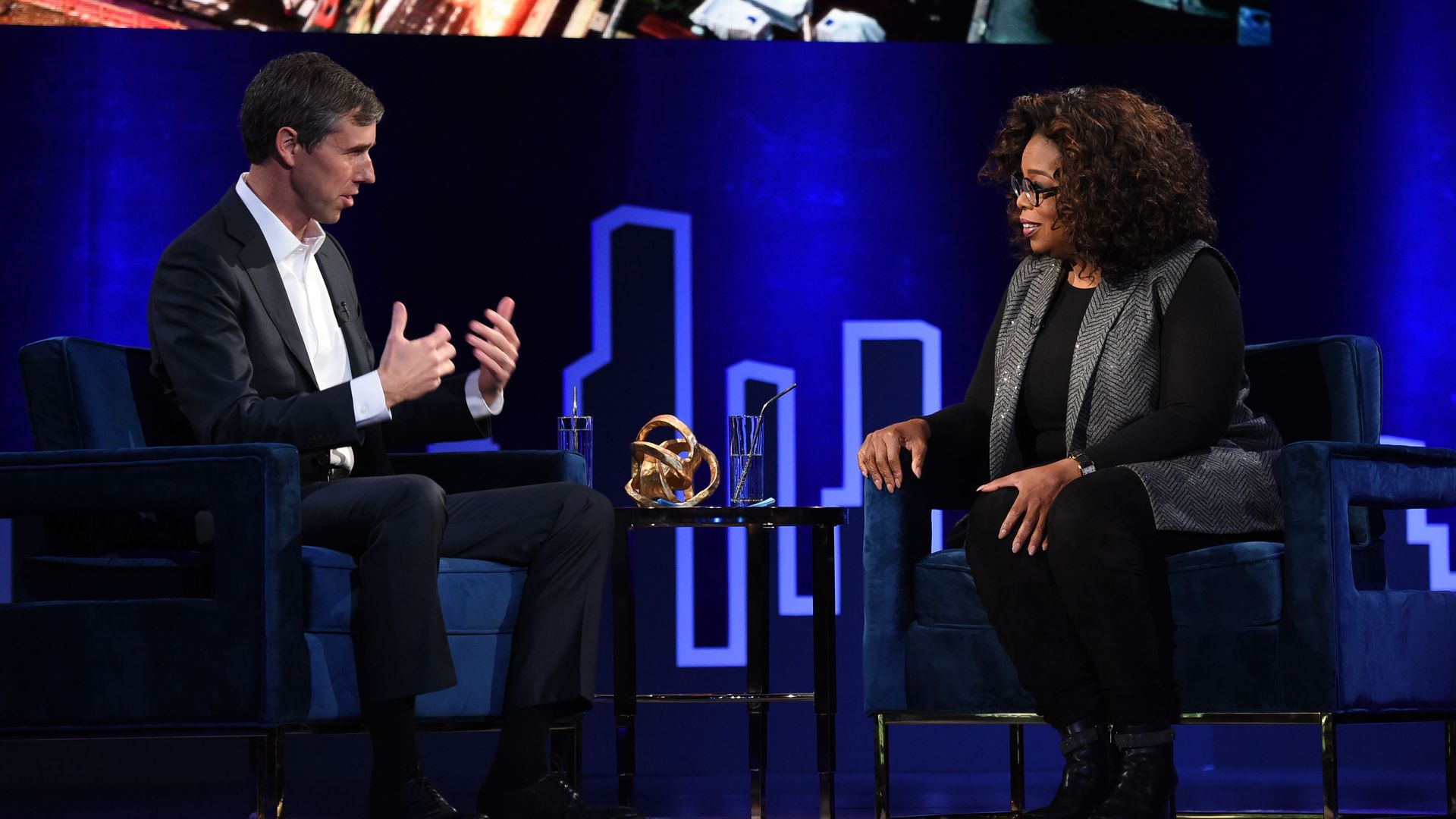 Beto O'Rourke in an interview with Oprah Winfrey on Tuesday in New York City. 