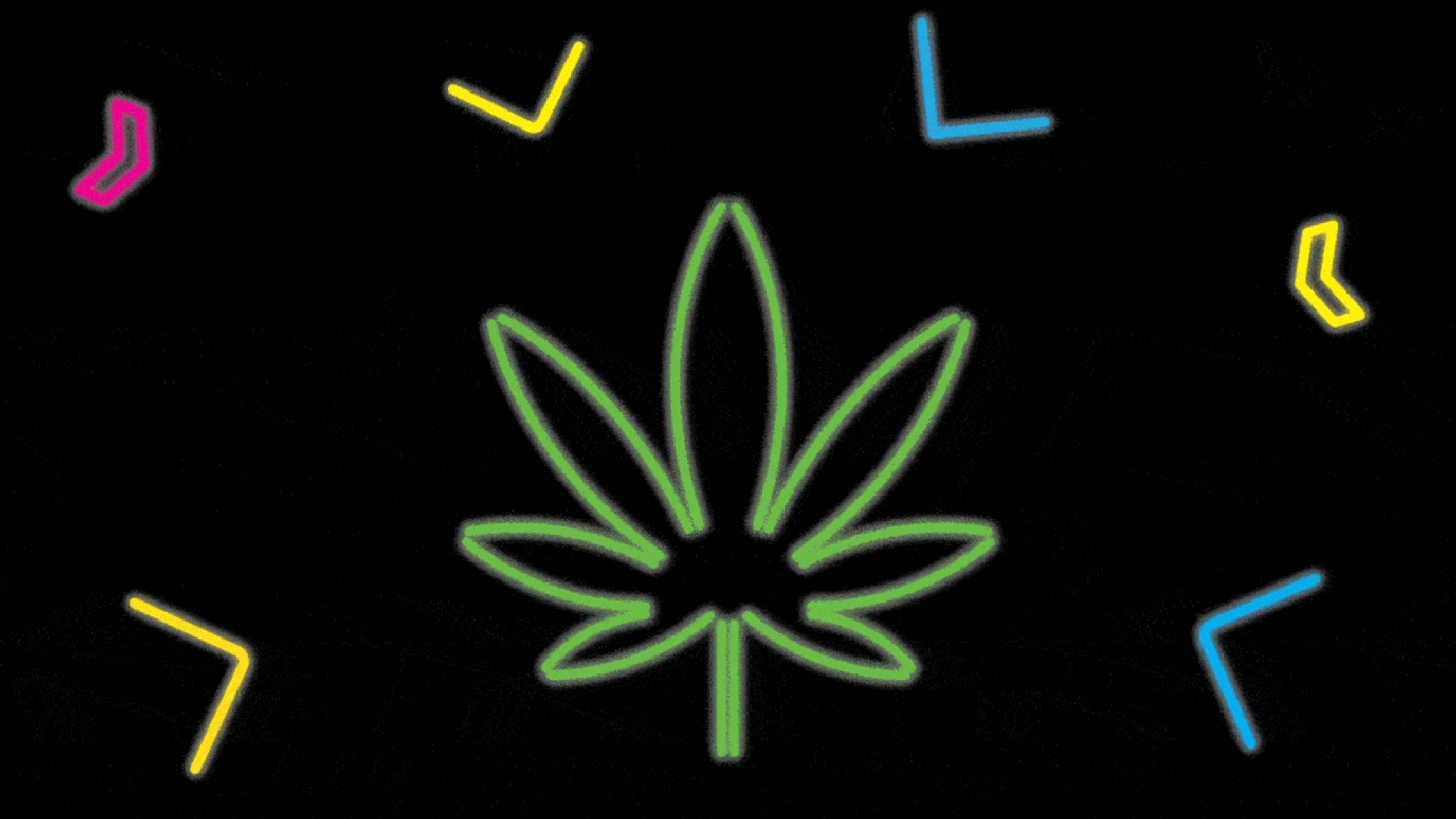 Illustration of a marijuana leaf and arrows on a neon sign.