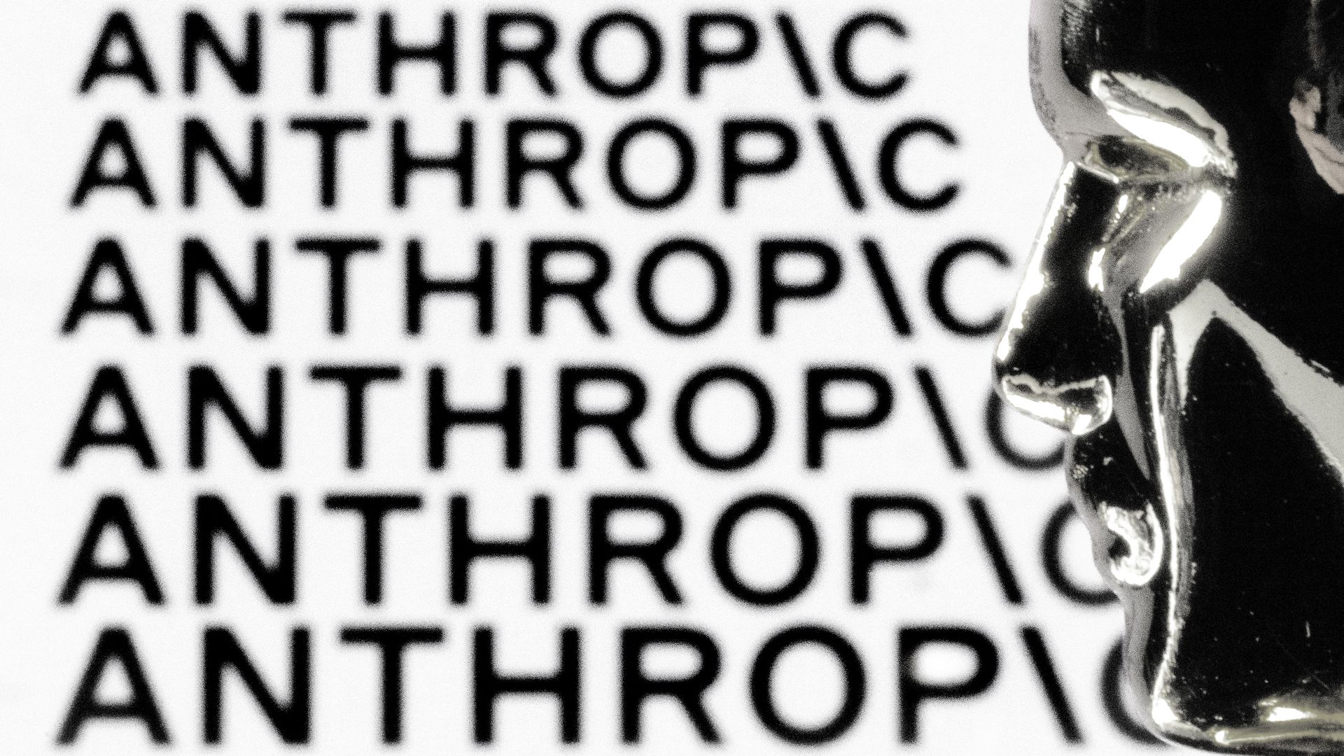 High-contrast black-and-white close-up showing the word "ANTHROPIC" repeated in bold across the left side, with a shiny metallic object along the right edge.