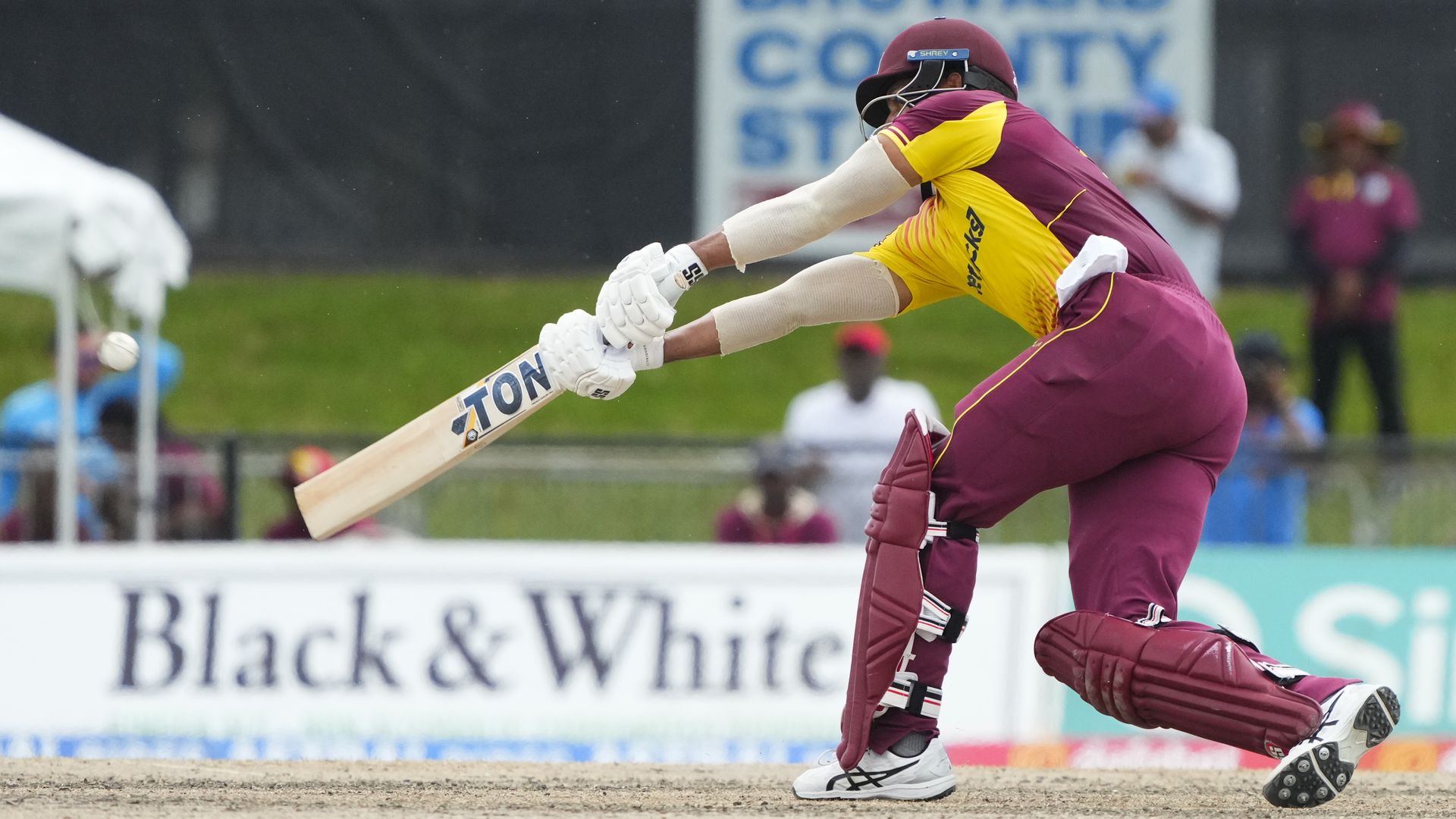 Brandon King of the West Indies hits the ball against India at Broward County Stadium on August 13, 2023 in Lauderhill, Florida. 
