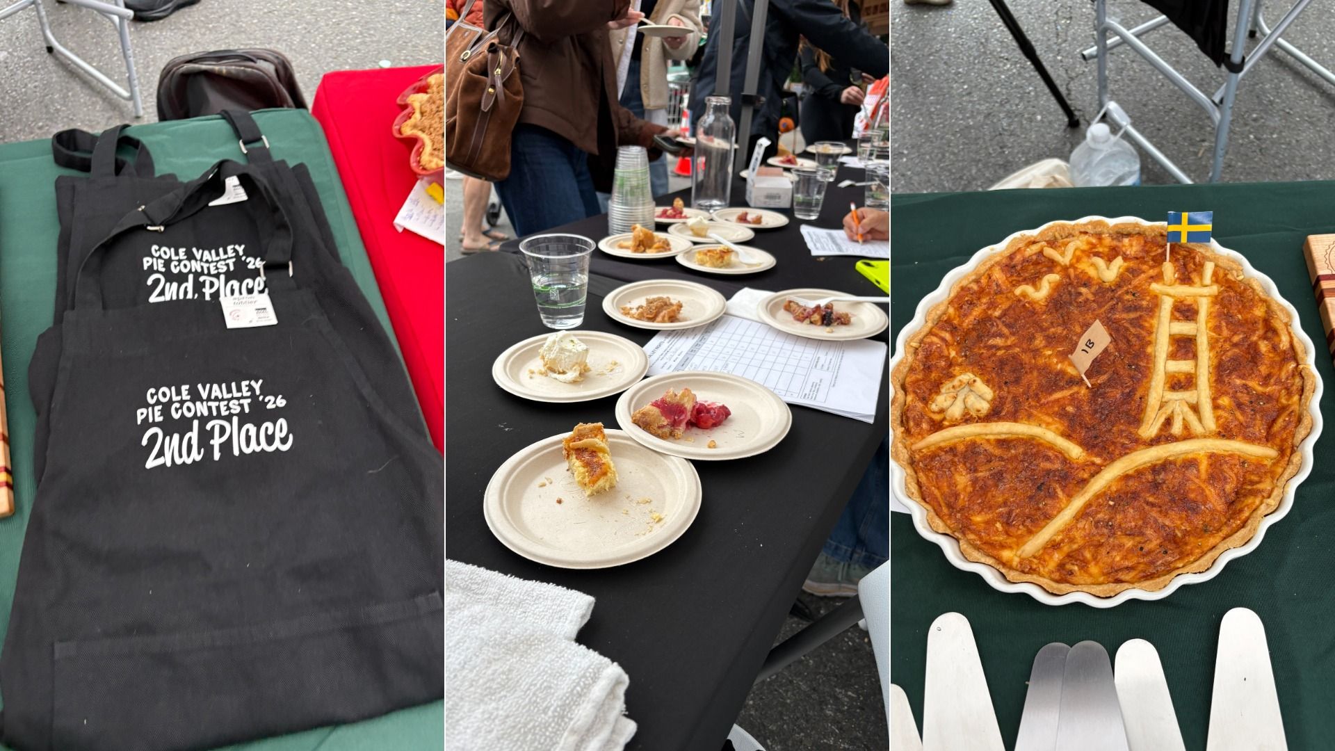 Triptych collage: left—black tote with 'Cole Valley Pie Contest 2nd Place' on green; center—table with pie slices on plates; right—a large lattice pie with a tiny Swedish flag.
