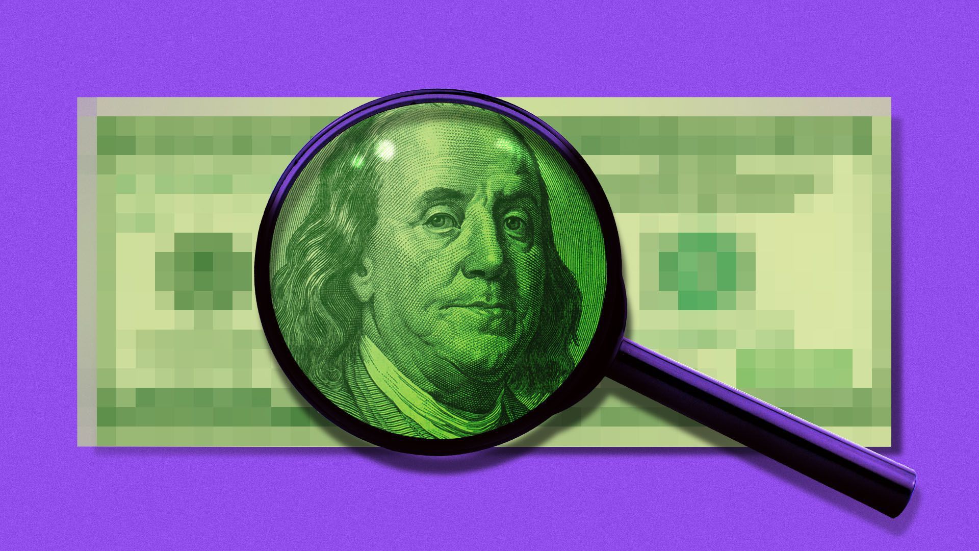 In illustration shots a magnifying glass over the image of Ben Franklin's face on U.S. currency.