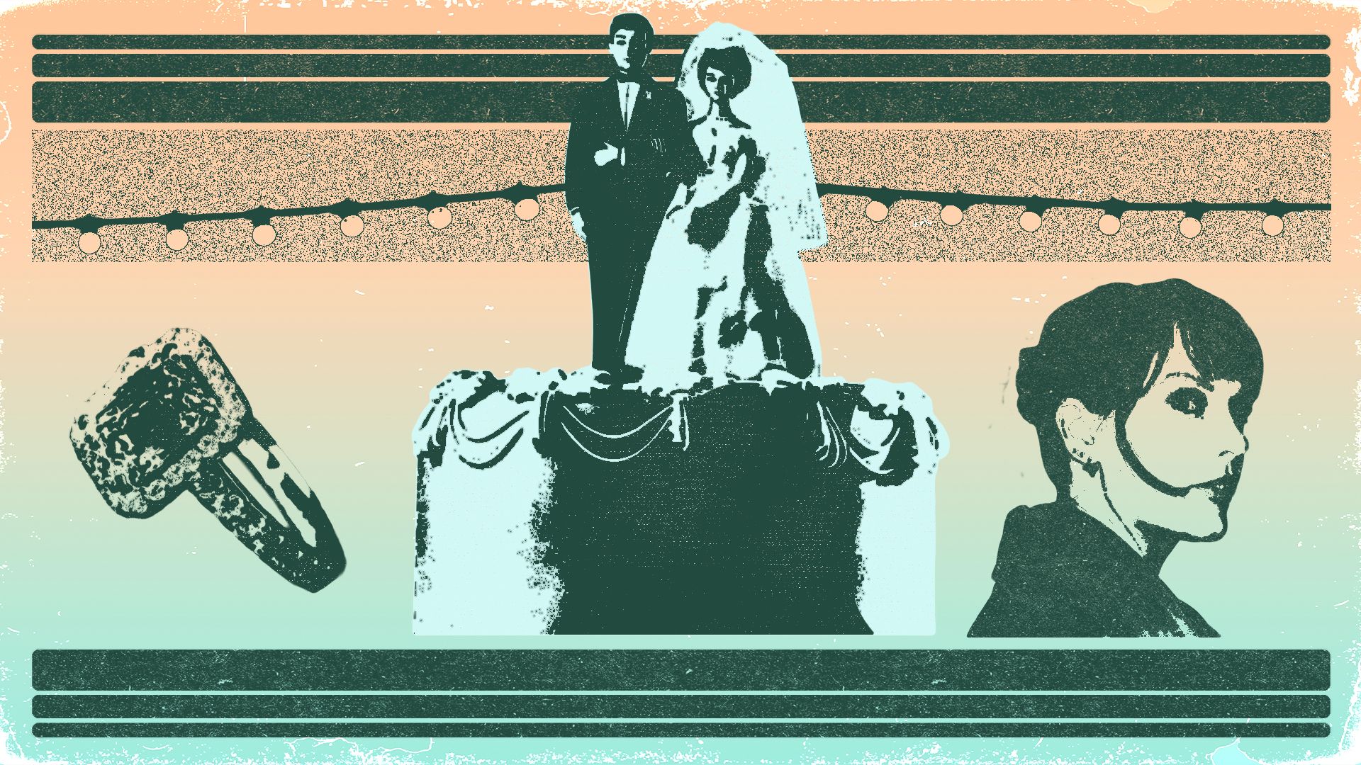 Photo illustration of a collage meant to look like a concert poster, with a wedding cake, a large wedding ring, and Taylor Swift.