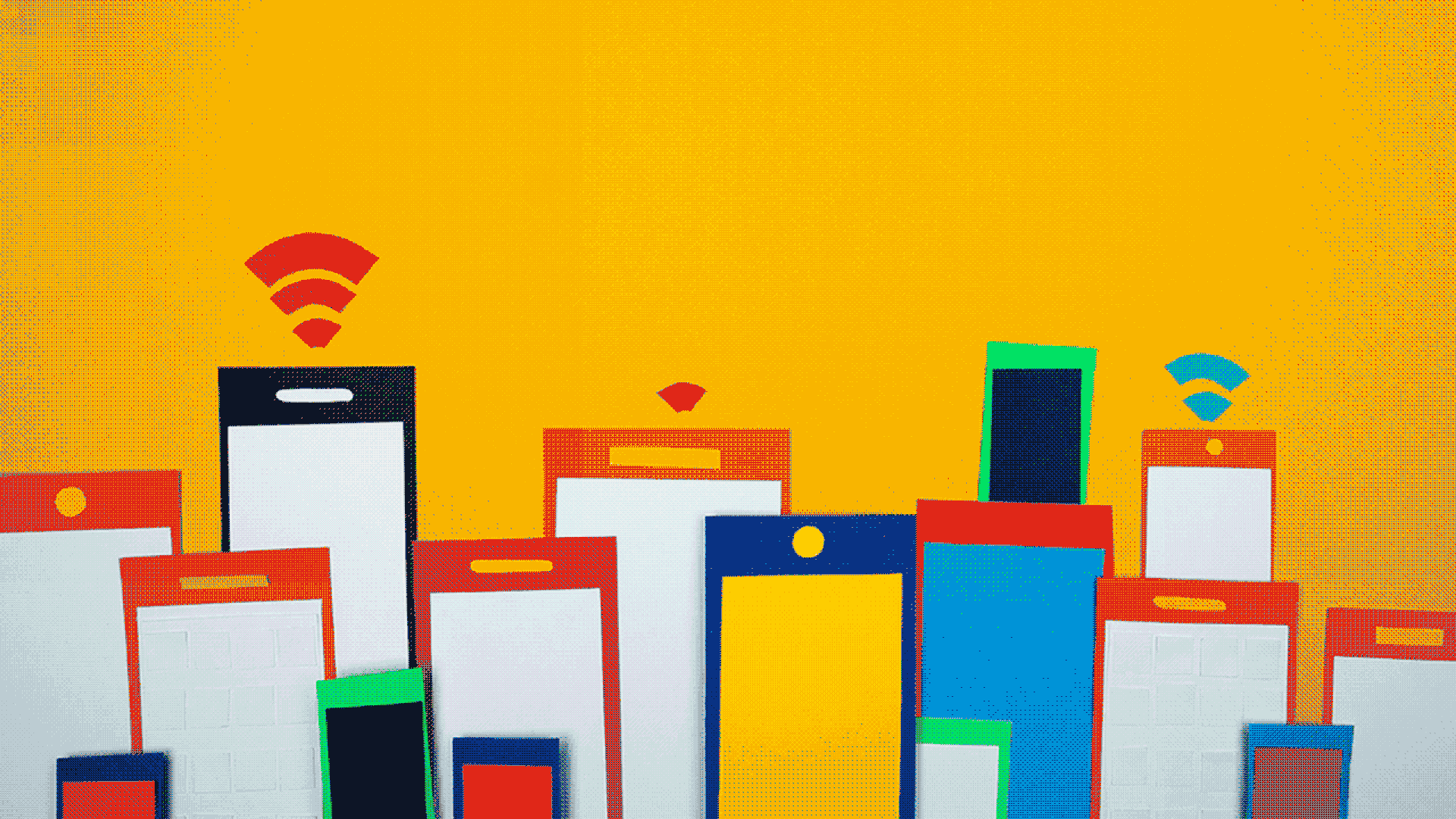 Illustration of a group of smartphones looking like a city