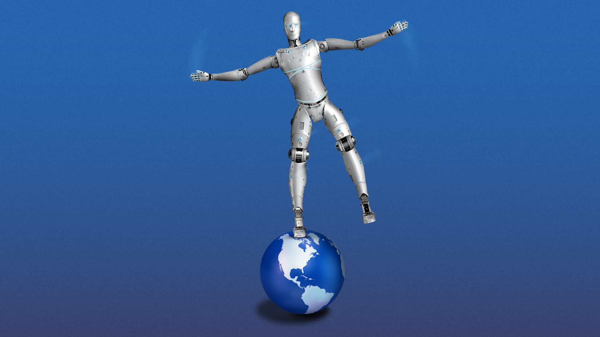 Illustration of a robot balancing on a ball stylized as the Earth. 