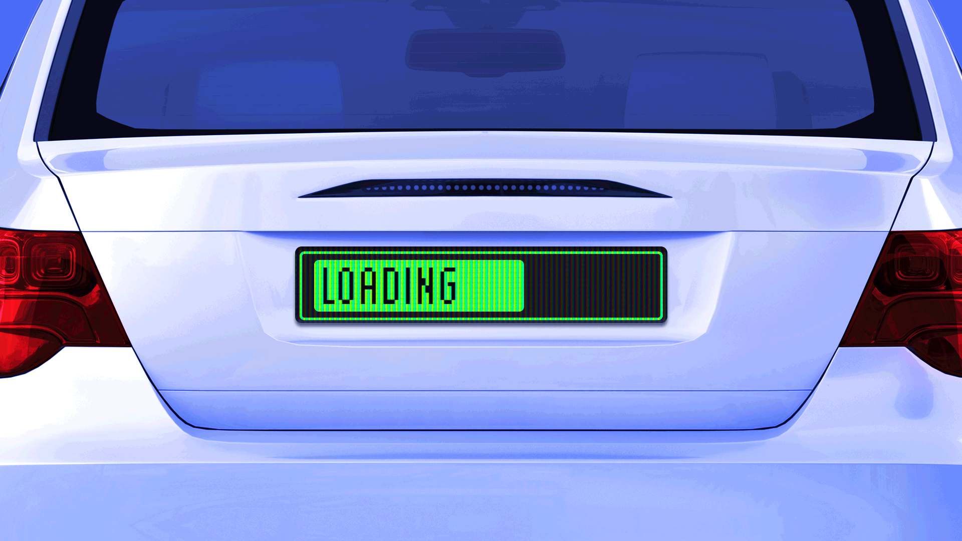 Animated gif of a computer loading bar in place of a license plate on the back of a car