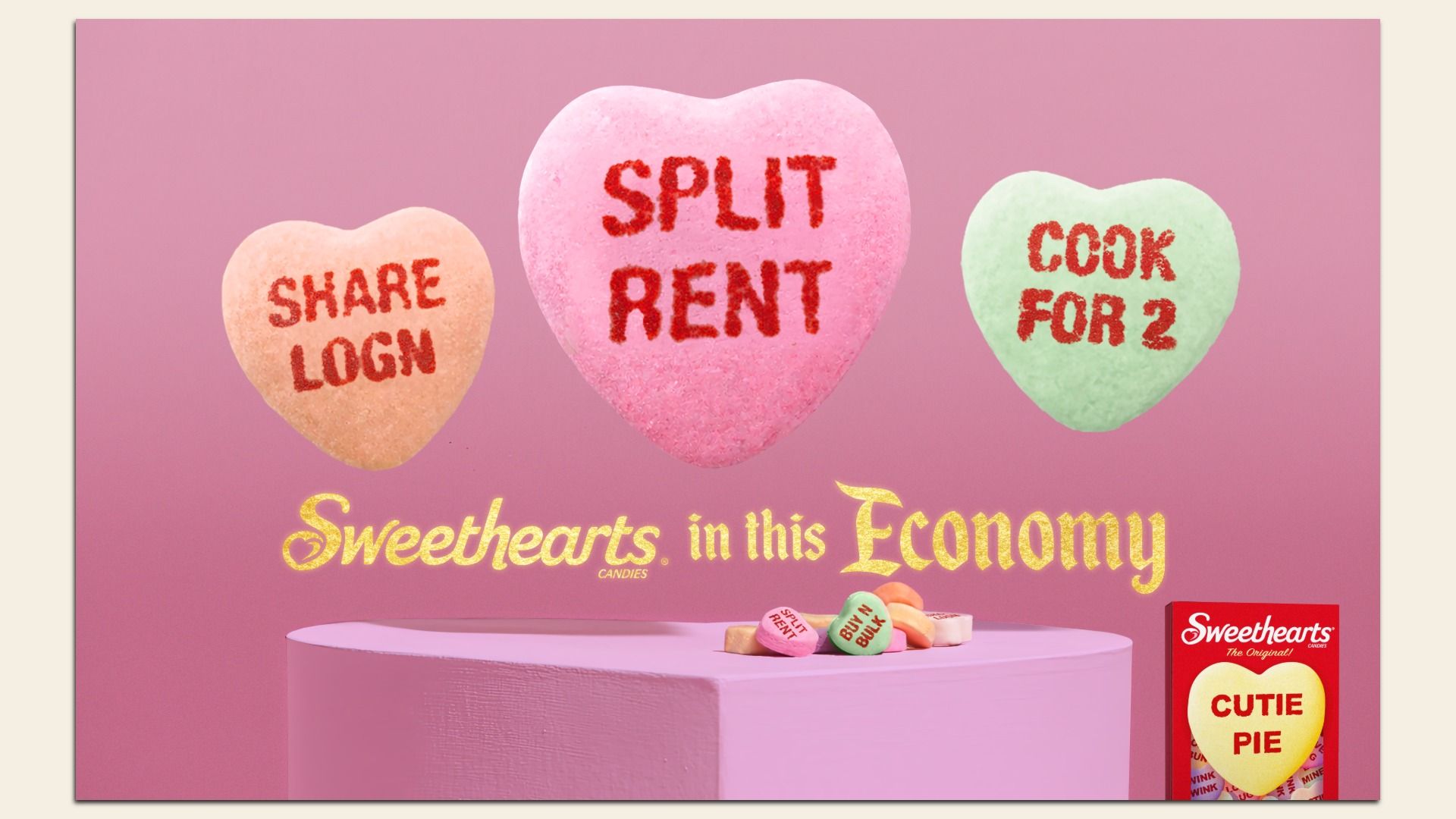 Pink background with three large Sweethearts candy hearts reading "SHARE LOGN," "SPLIT RENT," and "COOK FOR 2." Below, text says "Sweethearts in this Economy" with a small candy pile and Sweethearts box.