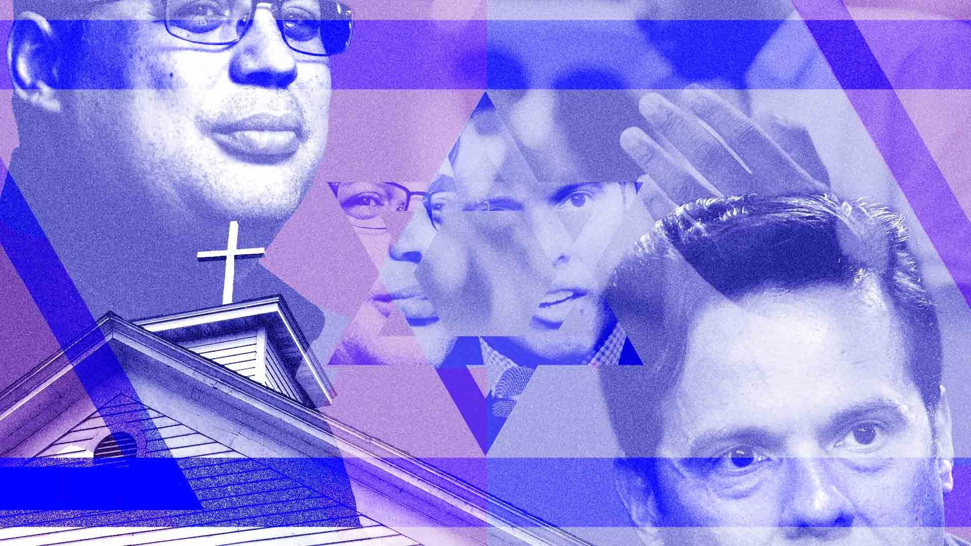 Photo illustration of of Pastor Gabriel Salguero and Rev. Samuel Rodriguez, a church, and churchgoers, with the Star of David from the Israeli flag in the center