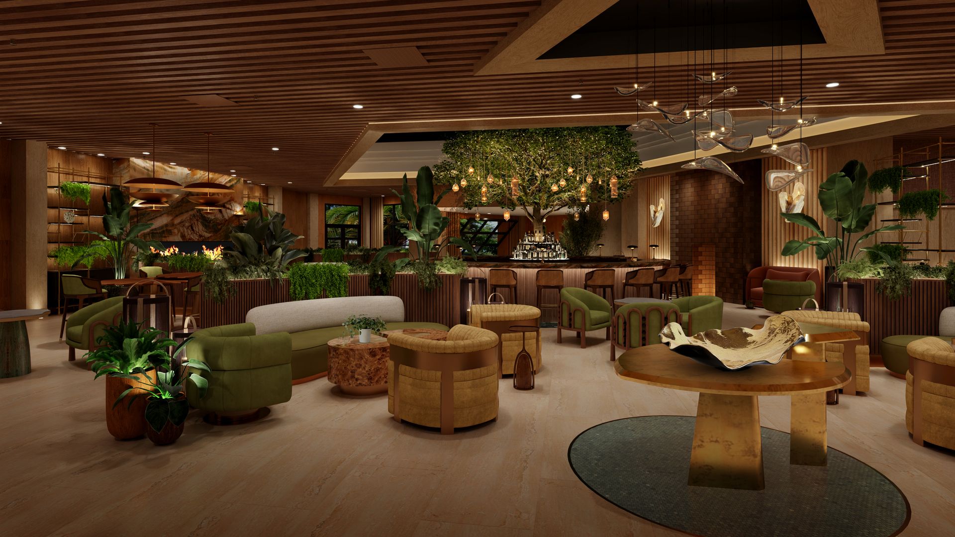 Lux lounge with a warm wooden slatted ceiling, a central tree with hanging lights, lush plants, green and beige seating, round tables, and a back bar.