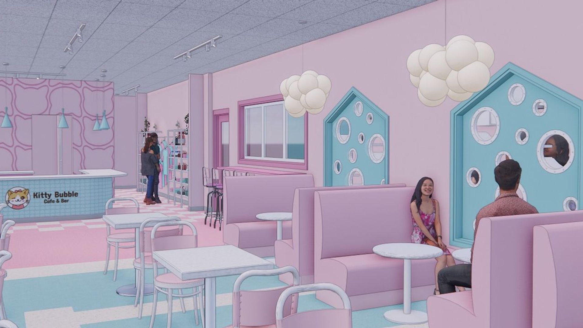 A rendering of a cat cafe with light pink and blue interior